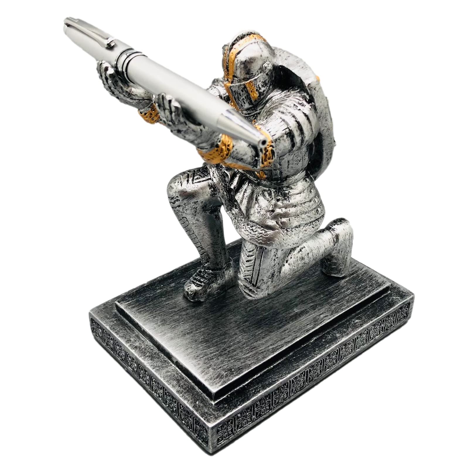 ThreeH Executive Knight Pen Holder with Pen Resin Soldier Ornament with Shield Armor Pen Stand Office Stationery Decoration Gray