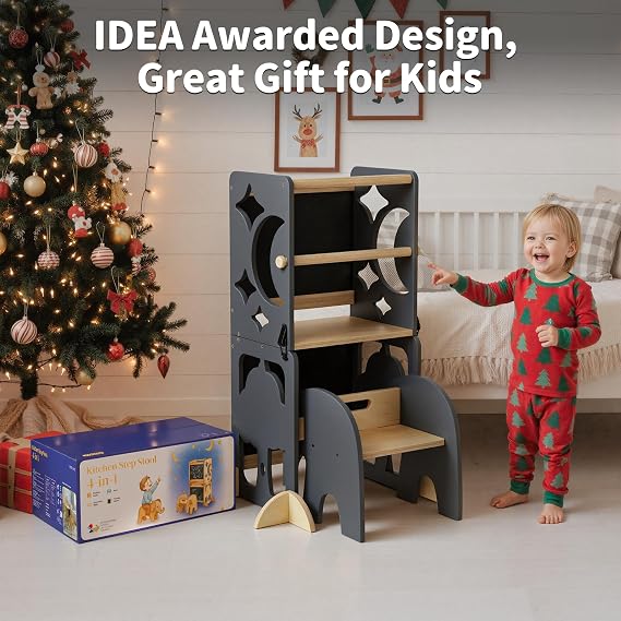 COSYLAND 4-In-1 Toddler Kitchen Step Stool - Foldable Learning Standing Tower with Blackboard - Convertible Wooden Kitchen Stool Helper for Kids Boys Girls (Grey & Natural)