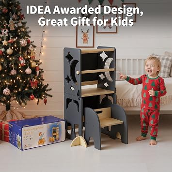COSYLAND 4-In-1 Toddler Kitchen Step Stool - Foldable Learning Standing Tower with Blackboard - Convertible Wooden Kitchen Stool Helper for Kids Boys Girls (Grey & Natural)