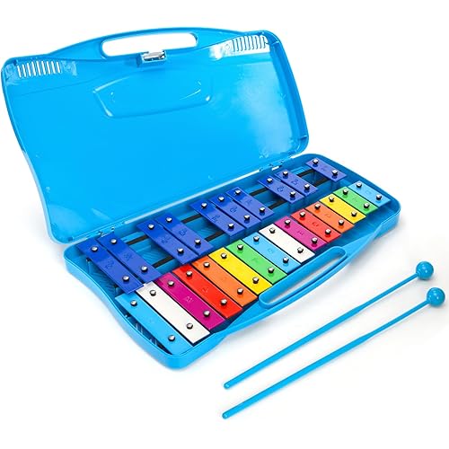 Foraineam Xylophone, 25 Notes Colorful Metal Keys Glockenspiel Xylophone, Percussion Musical Instrument with Carry Case and 2 Safe Mallets for Beginners