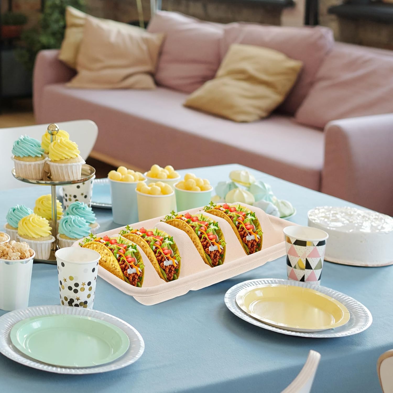 Disposable Taco Holders and Taco Shell Stands 50pcs with 3 Dividers Wave Shape Tray for Party Serving and Family Gatherings