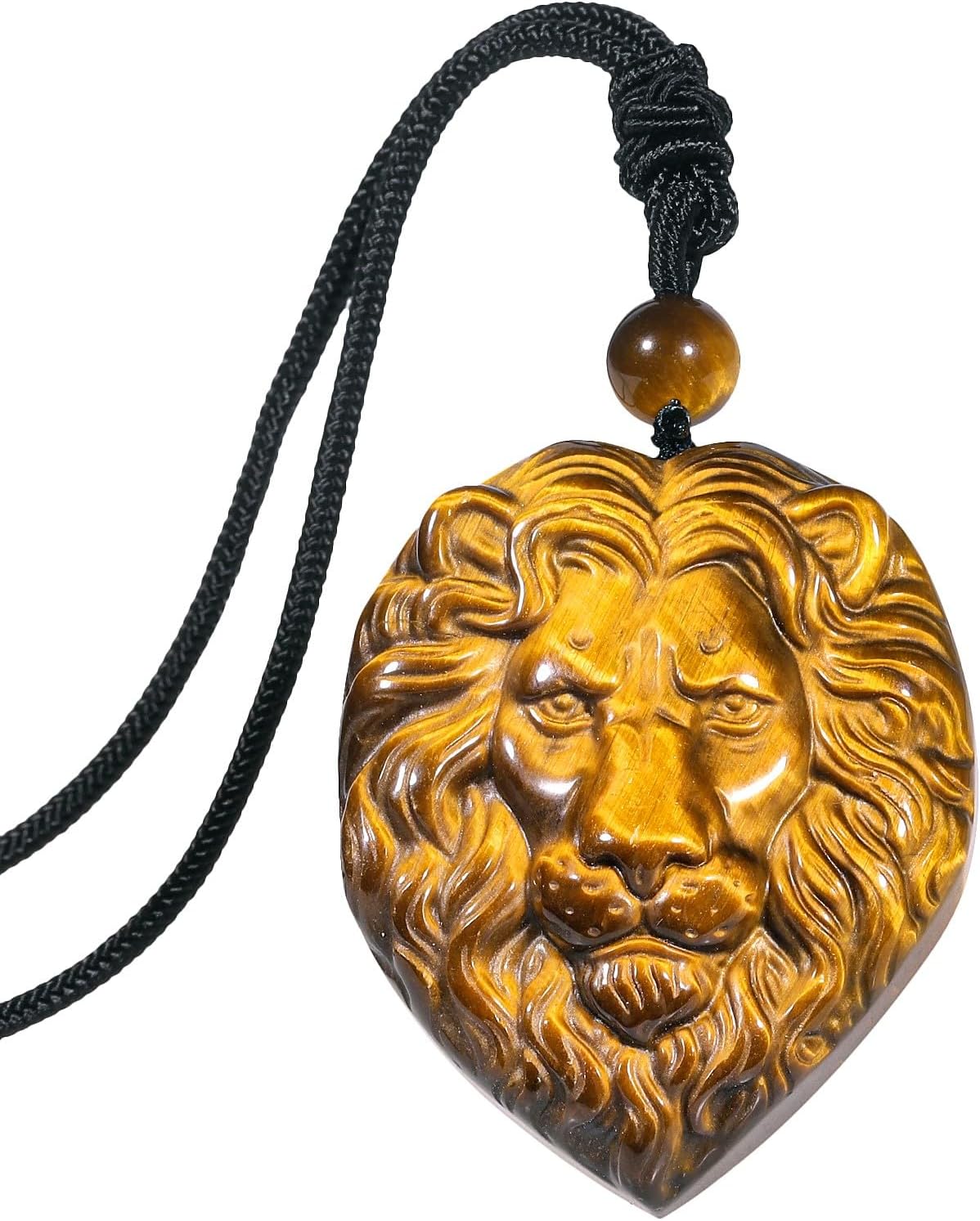 TUMBEELLUWA Lion Head Pendant Necklace for Men, Natural Crystal Protection Amulet Animal Charm Jewelry with Adjustable Cord, Tiger's Eye Stone
