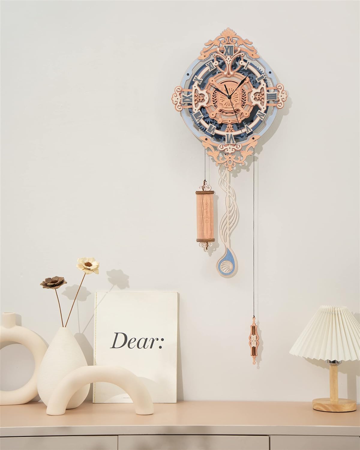 ROBOTIME Clock Wooden Puzzle, 3D Puzzle for Adults Wooden Metal Mechanical Model Clock Kits to Build, Hobbies Gift for Men Aesthetic DIY Decoration Wall Clock with Pendulum