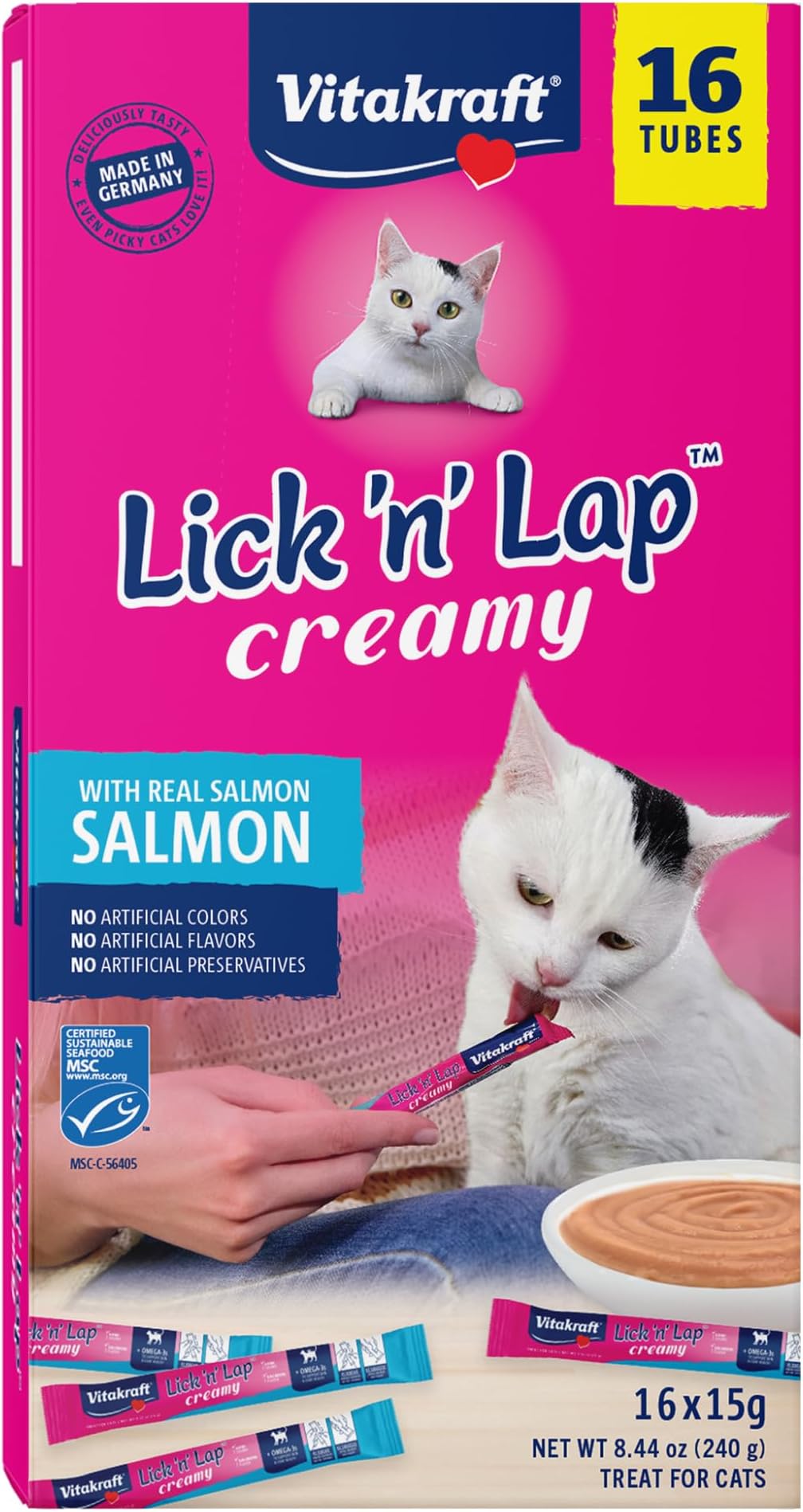 Vitakraft Lick 'N' Lap Real Salmon Squeezeable Liquid Cat Treats, Lickable, Salmon Broth #1 Ingredient, No Artificial Colors, Preservatives or Added Sugar, for Hydration, 0.52 oz. Tubes, 16 Count