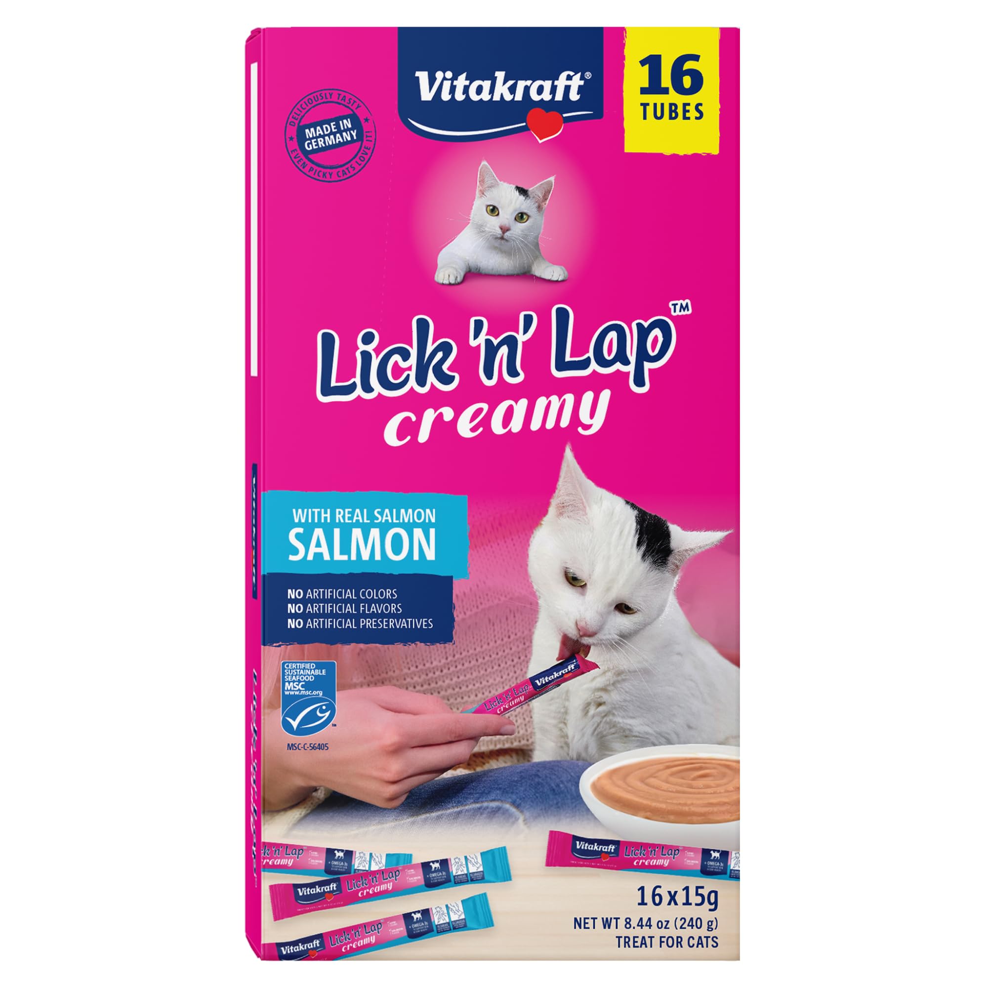 Vitakraft Lick 'n' Lap Snack Creamy, Cat Treat with Real Salmon, 16 Count