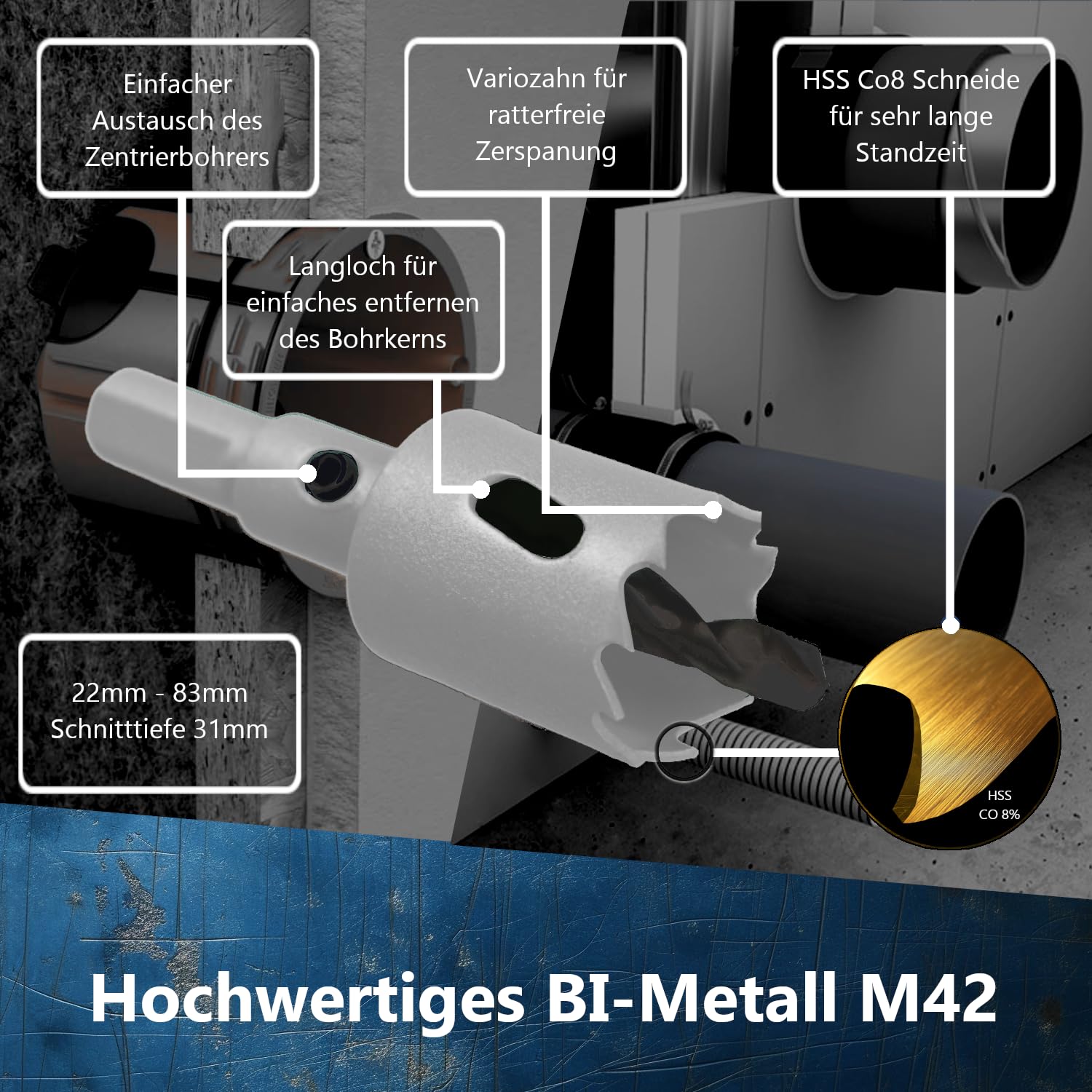 Bi-Metall Lochsägen Set | Professionelles Lochsäge Set in Größen Ø22-83mm | Lochsäge für Holz, Rigips, Kunststoff, Edelstahl- & Spanplatten