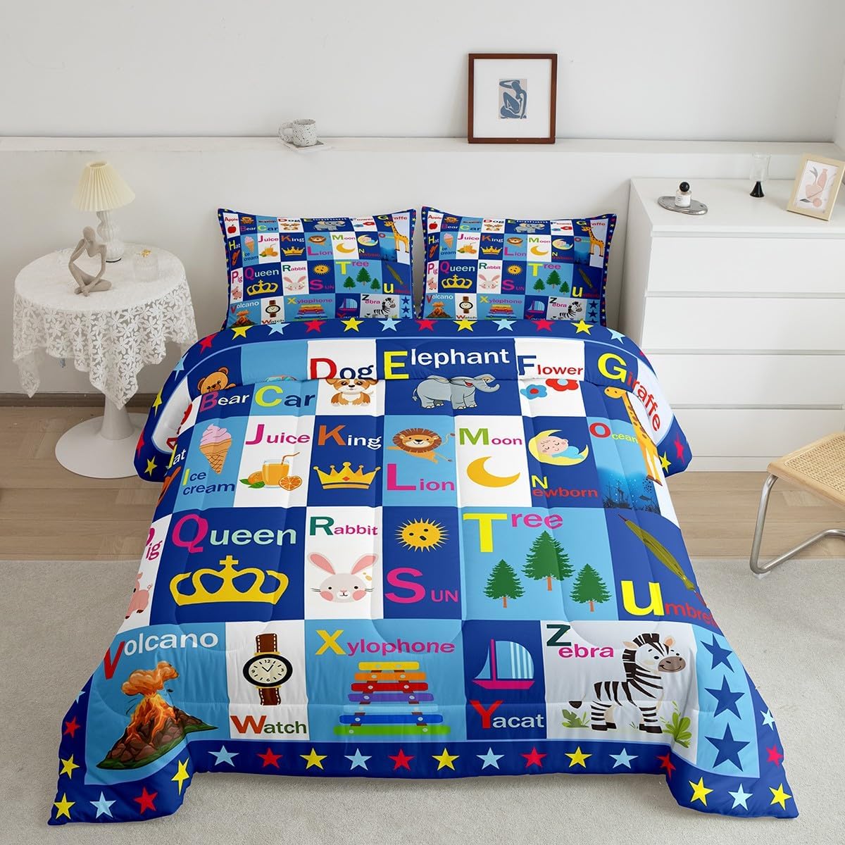 Feelyou Kids ABC Alphabet Comforter Set Queen Size, Educational Bedding Set Boys Girls Learning Duvet Insert Teens Bedroom Decor Microfiber Bed Set