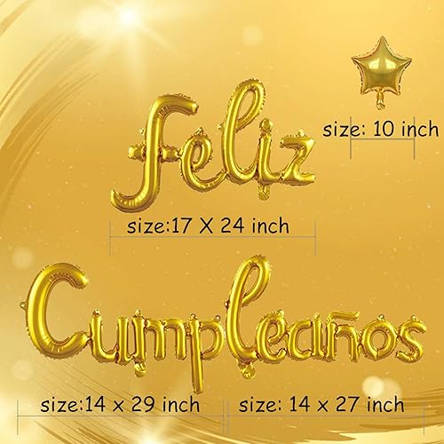 Miniatura 2 de PANRRPERS Cartel de globos de Feliz Cumpleanos con 5 globos de estrella, telón de fondo temático de fiesta para niños y adultos, dorado