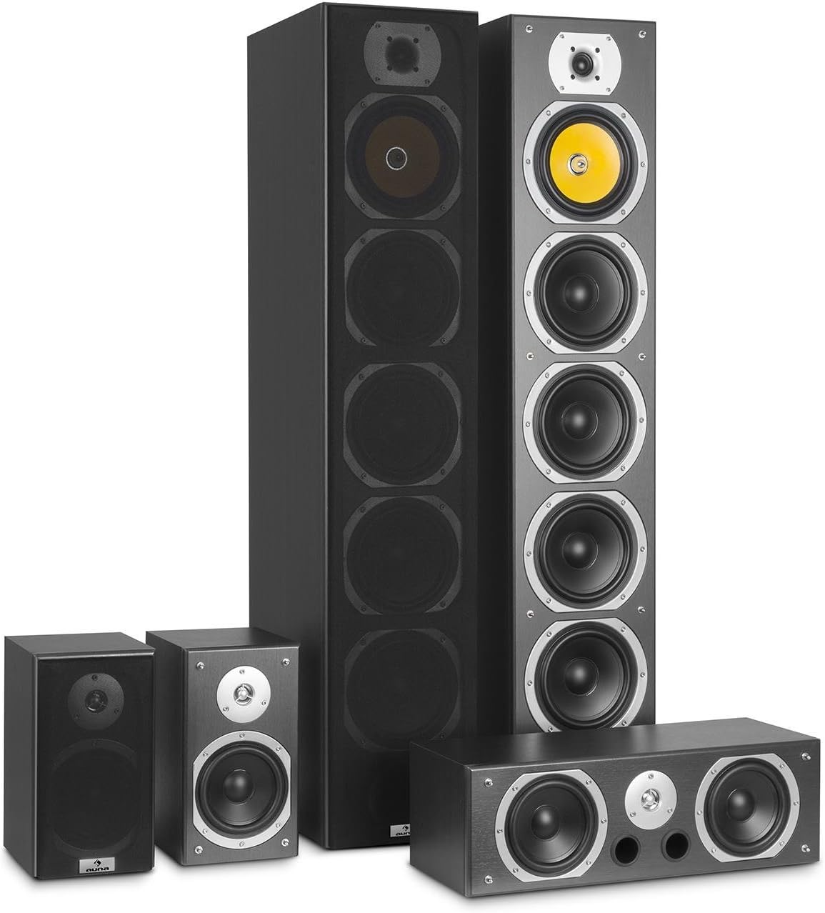 AUNAV9B Surround Speaker Set - 5 Box Set, 440W RMS, 4-Way Front Speakers, 2-Way Centre Speakers, 2-Way Surround Speakers, Powerful Bass, Flexible, Suitable for Wall Mounting, Black