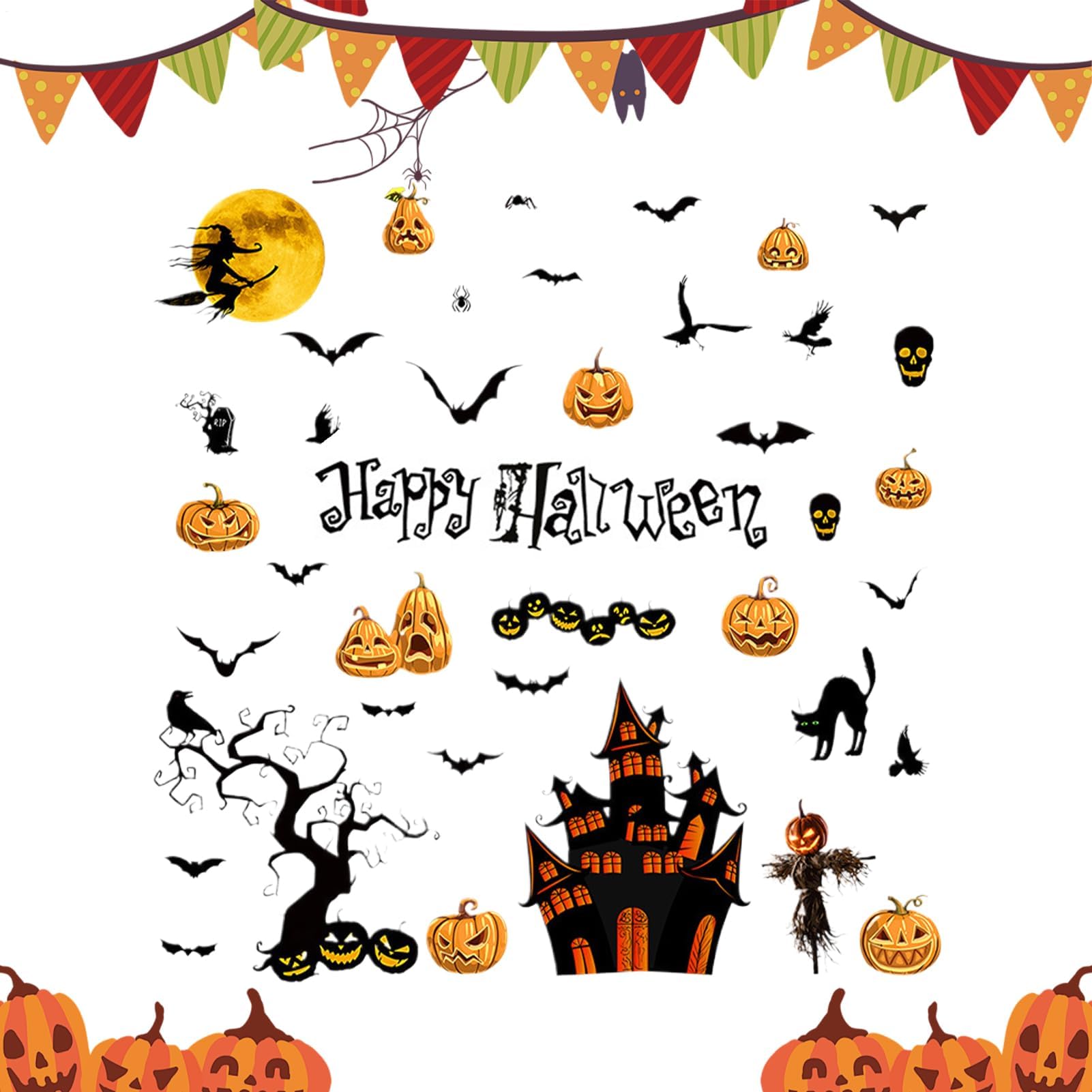 Halloween Window Stickers,Ghost Evil Pumpkin Bat Reusable Window Decals for Halloween | 3 Sheets Removable Home Glass Decor Scary Party Supplies for Treat or Trick Indoor Party Cafe Shop School