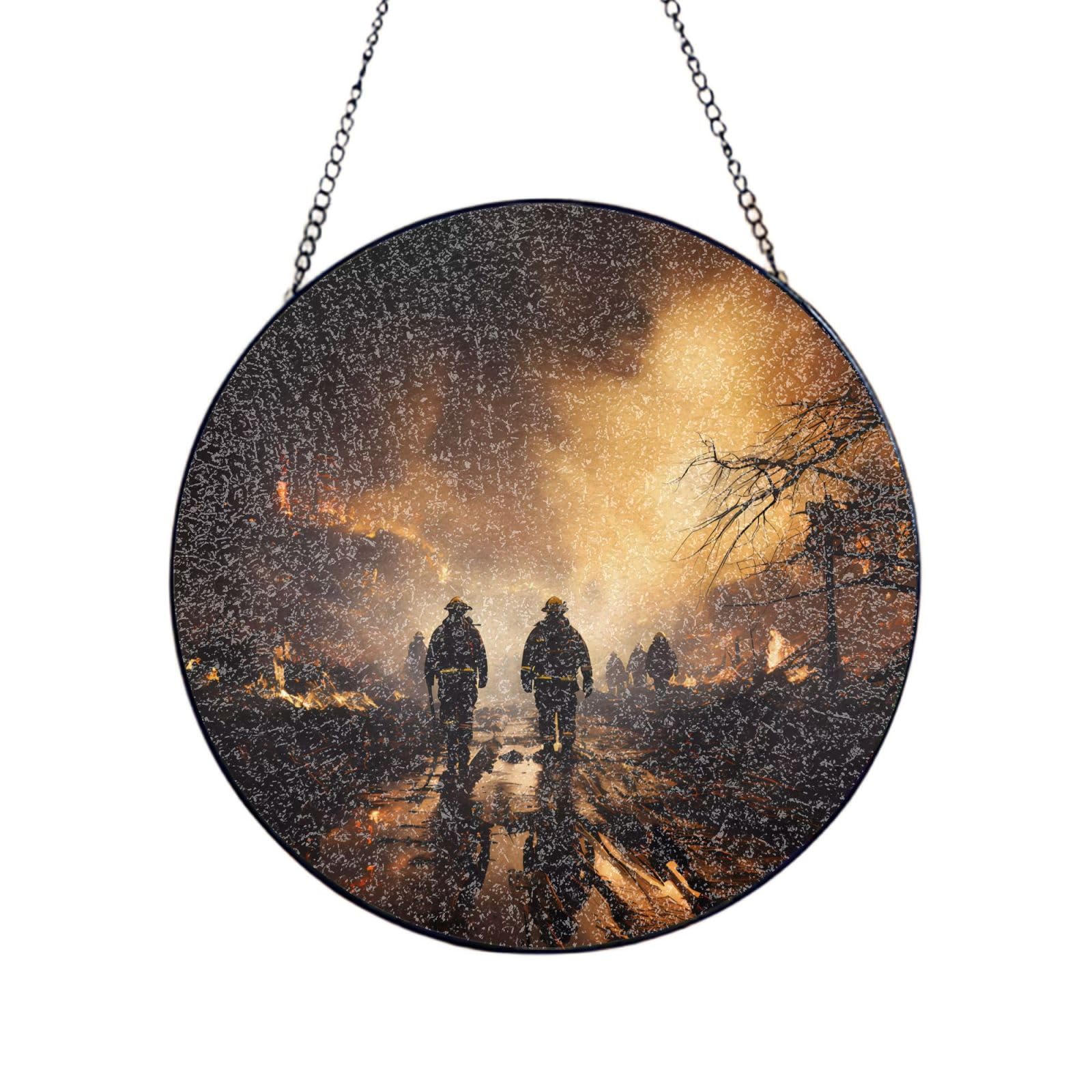 Phayah Firefighters Fighting Fires Print Glass Window Hanging Round Suncatcher Glass Ornament Garden Wall Fence Decorations Indoor Outdoor 4in（10cm）