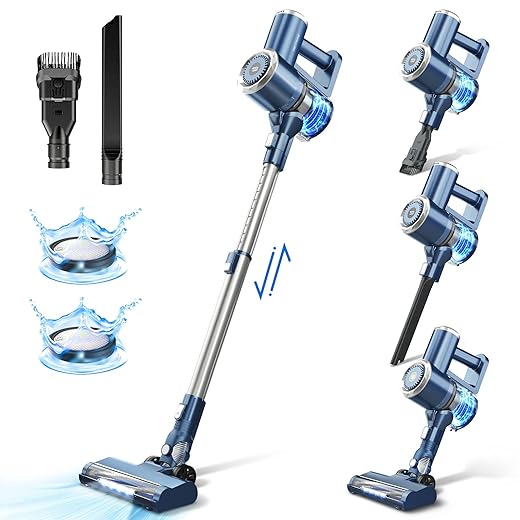 PRETTYCARE Aspiradora Escoba sin Cable 20 Kpa LED Autonomía 30 mins Ciclonico 4 en 1 Inalámbrica Escoba Eléctrica sin Bolsa Potente Aspirador de Mano Alfombra Pelo Mascota Suelo Sofá W200