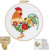 Louise Maelys Funny Rooster & Flower Embroidery Kit for Beginners - Complete Cross Stitch Starter Set with Hoop, Threads & Instructions