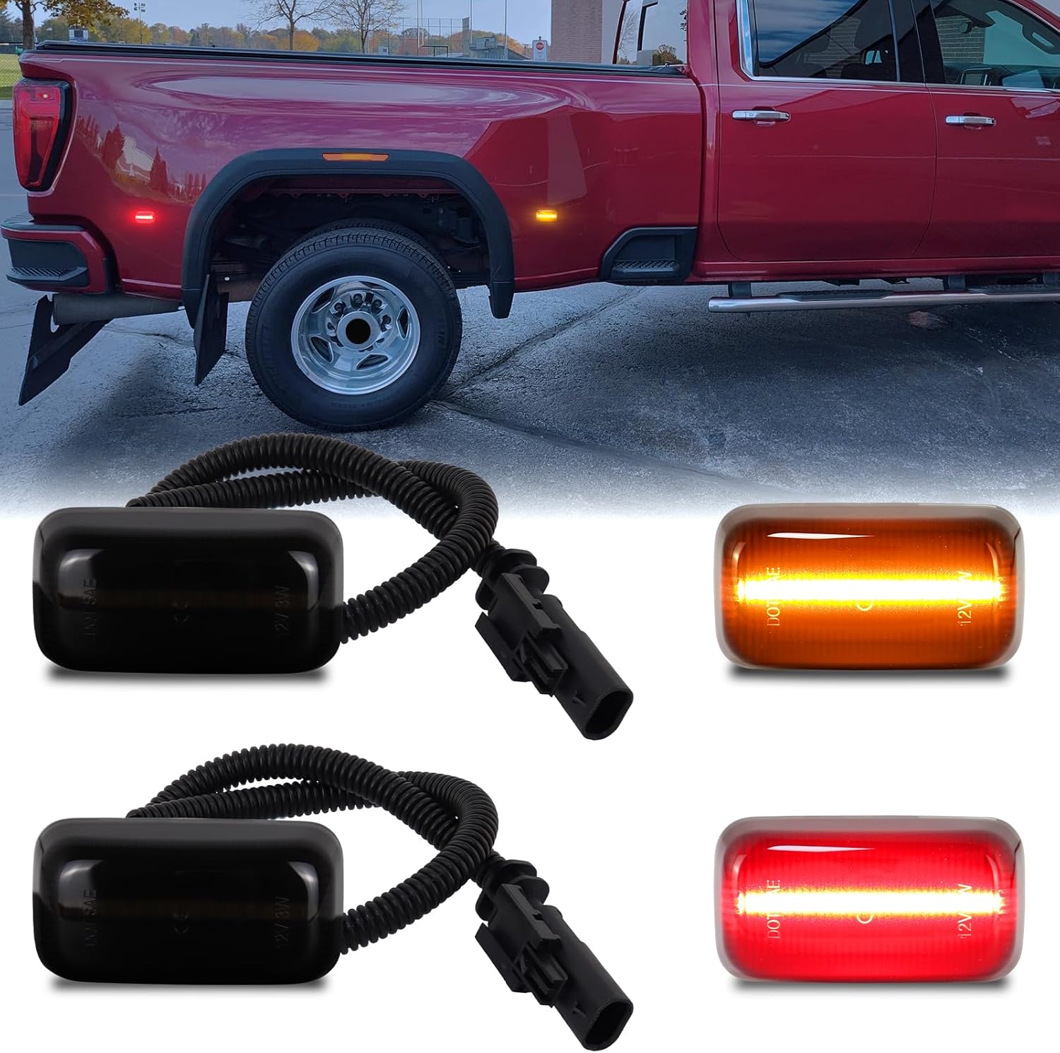 LED Dually Fender Side Marker Lights For 2015-2025 Chevy Silverado GMC Sierra 2500HD 3500HD 3-rows Amber & Red Dual Rear Wheel Truck Bed Marker Lamps, Smoked Lens 4PCS