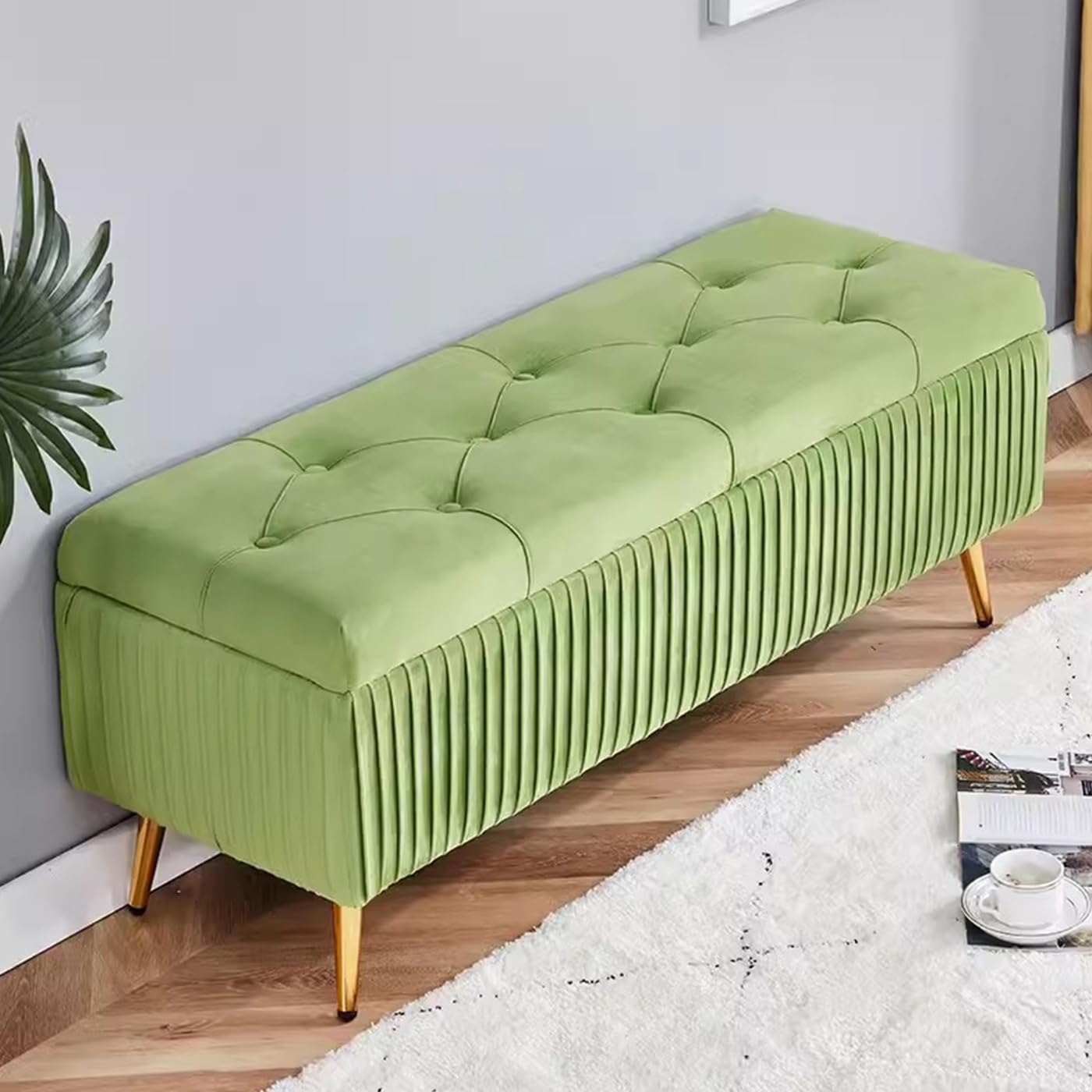 Nowoczesna ławka na buty z guzikiem do przechowywania tuftingu otomana tapicerowany podnóżek do salonu i sypialni prostokątna limonkowa zieleń 60 cm stylowe meble wejściowe