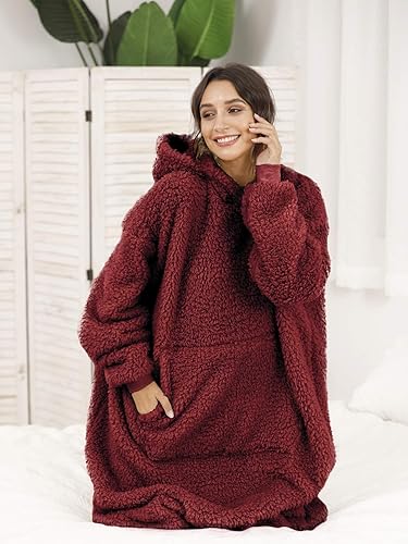 Miniatura 4 de ililmmoe Manta Sherpa con capucha de gran tamaño, sudadera con capucha y manga larga y bolsillo, color rojo vino