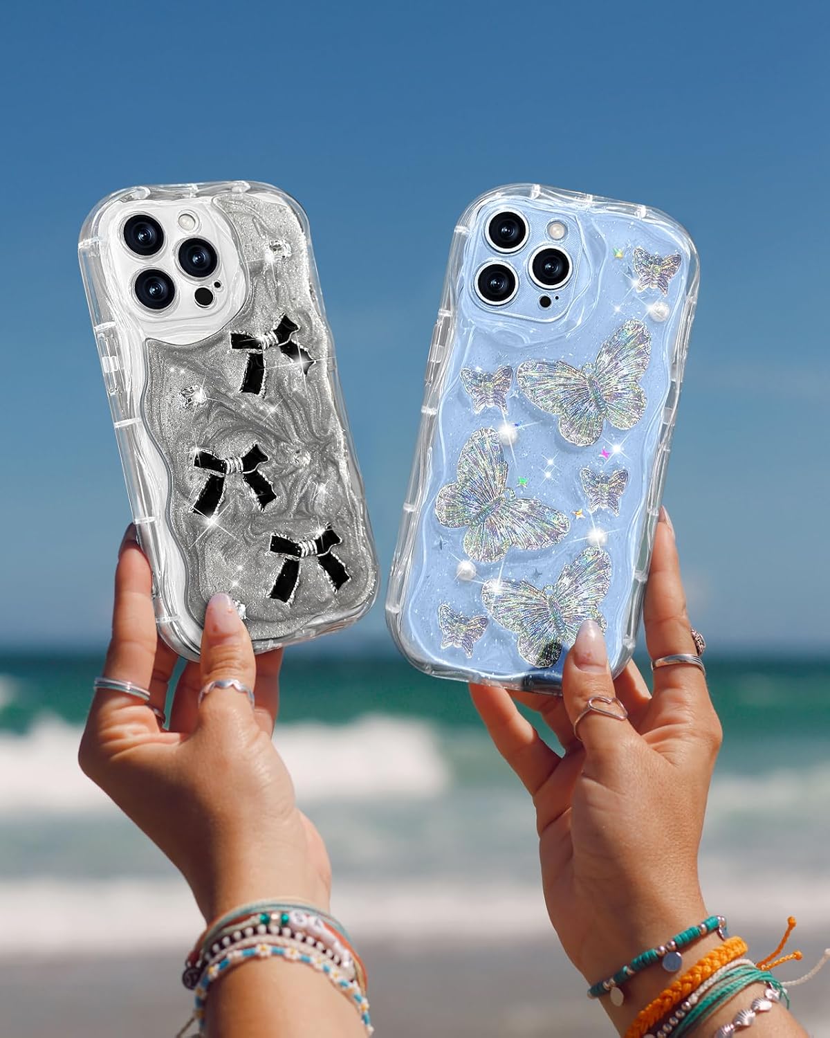 Toycamp for iPhone 13 Pro Case Cute - Women Girly Girls Glitter Phone Cover 13Pro Kawaii Sparkle Bling Shine Aesthetic Pretty Unique Wave Design Funda for Apple 13 Pro, Clear Butterfly image 5