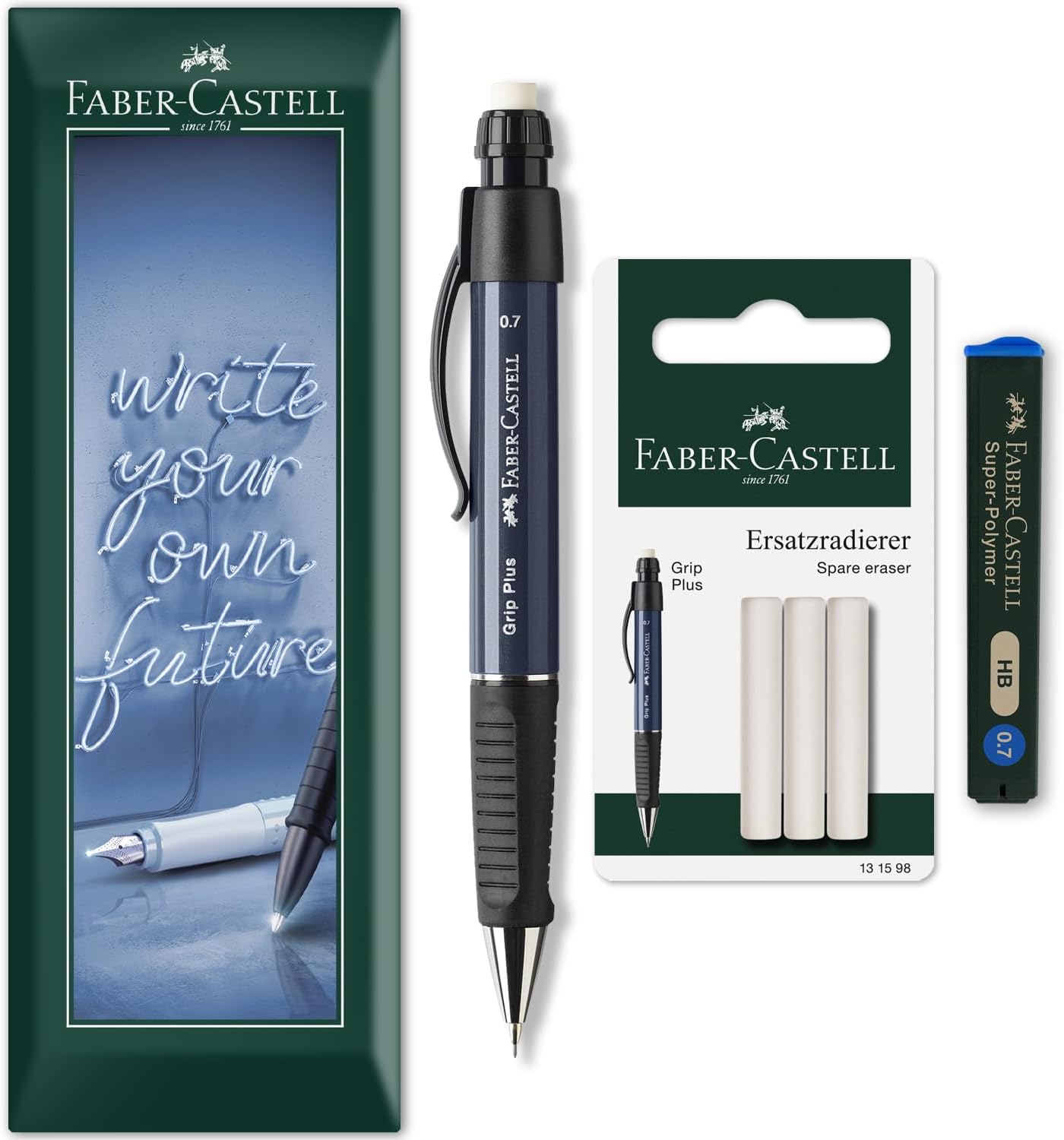 Grip Plus Mechanical Pencil + 12 x 0.7mm HB Refill Leads + Eraser Refills in Envelope Packaging - Blue Barrel
