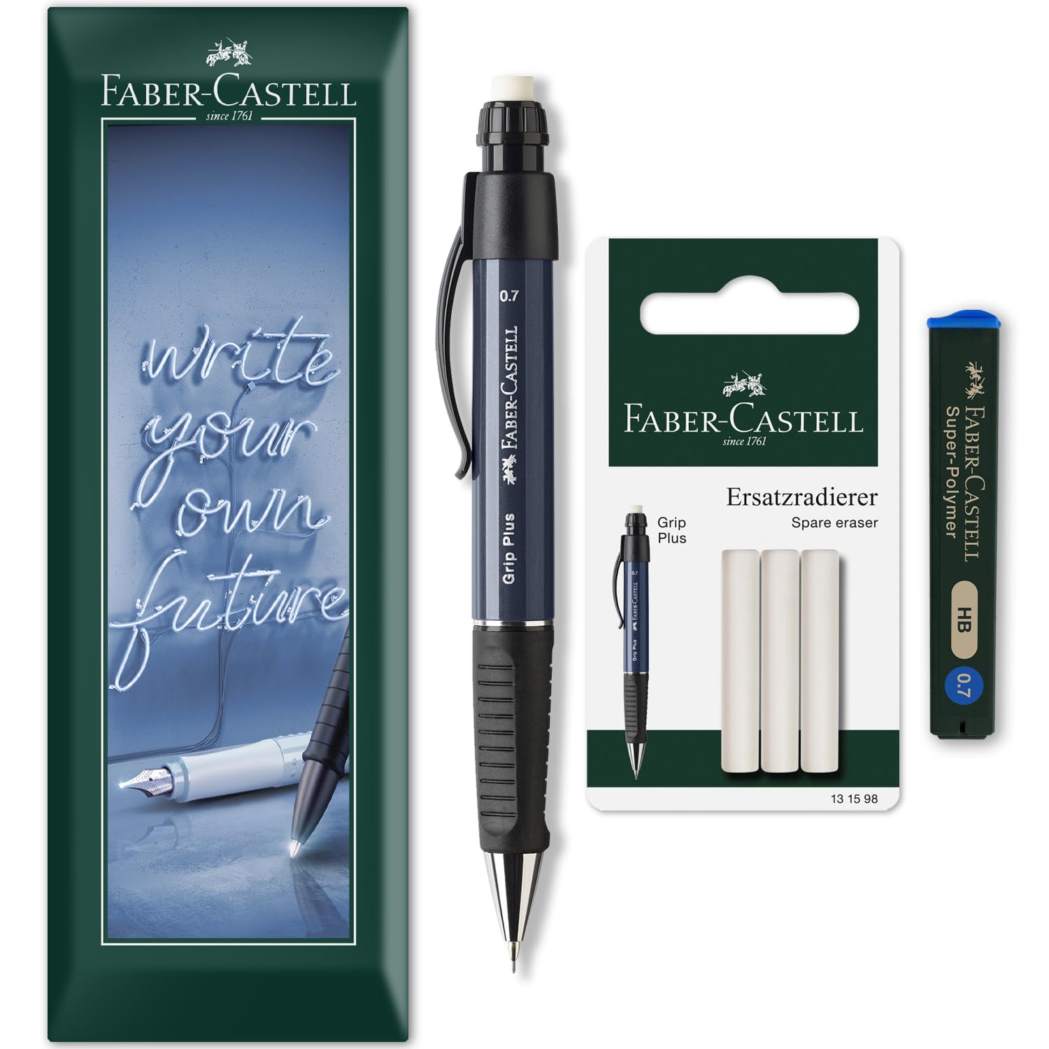 Grip Plus Mechanical Pencil + 12 x 0.7mm HB Refill Leads + Eraser Refills in Envelope Packaging - Blue Barrel