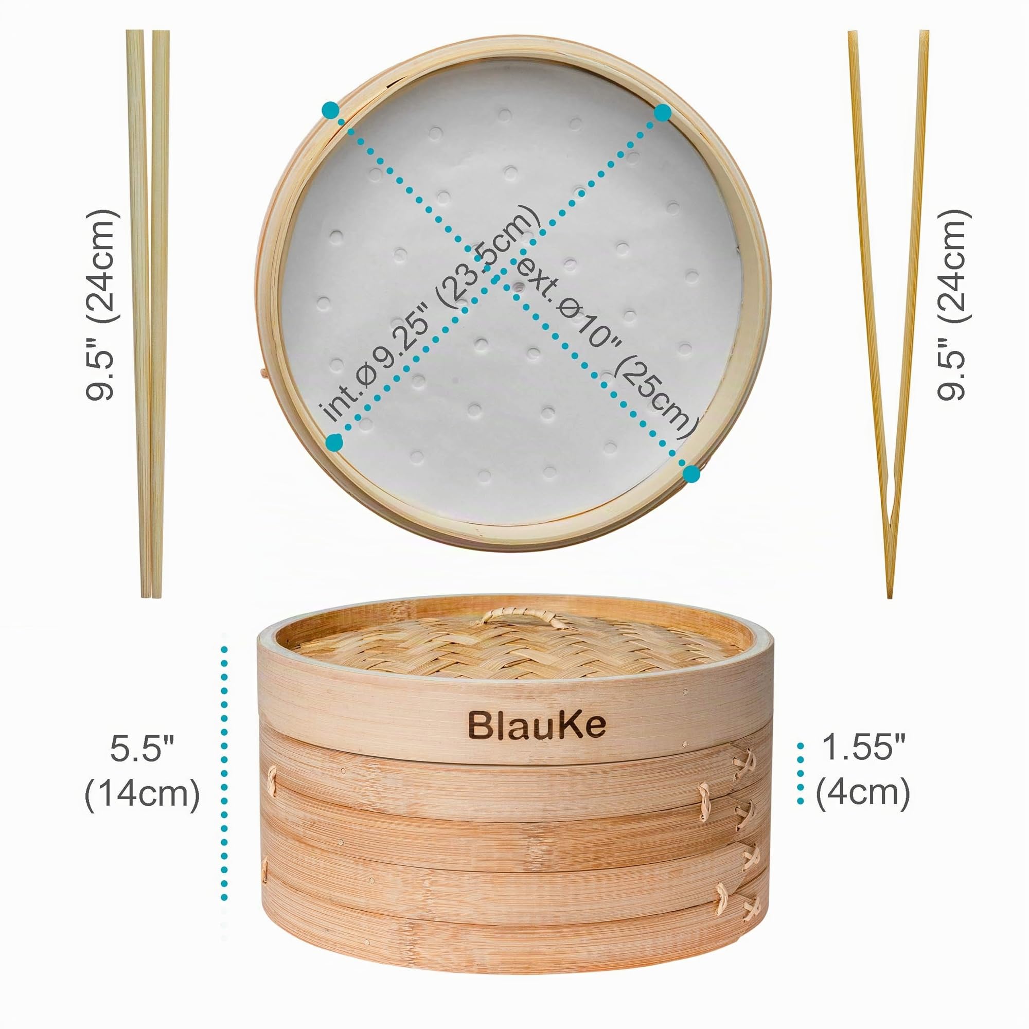 Panier vapeur en bambou de 25 cm avec baguettes, pinces, 50 doublures en papier – Cuiseur vapeur à 2 étages pour la cuisson des boulettes, légumes, viande, poisson, riz BlauKe