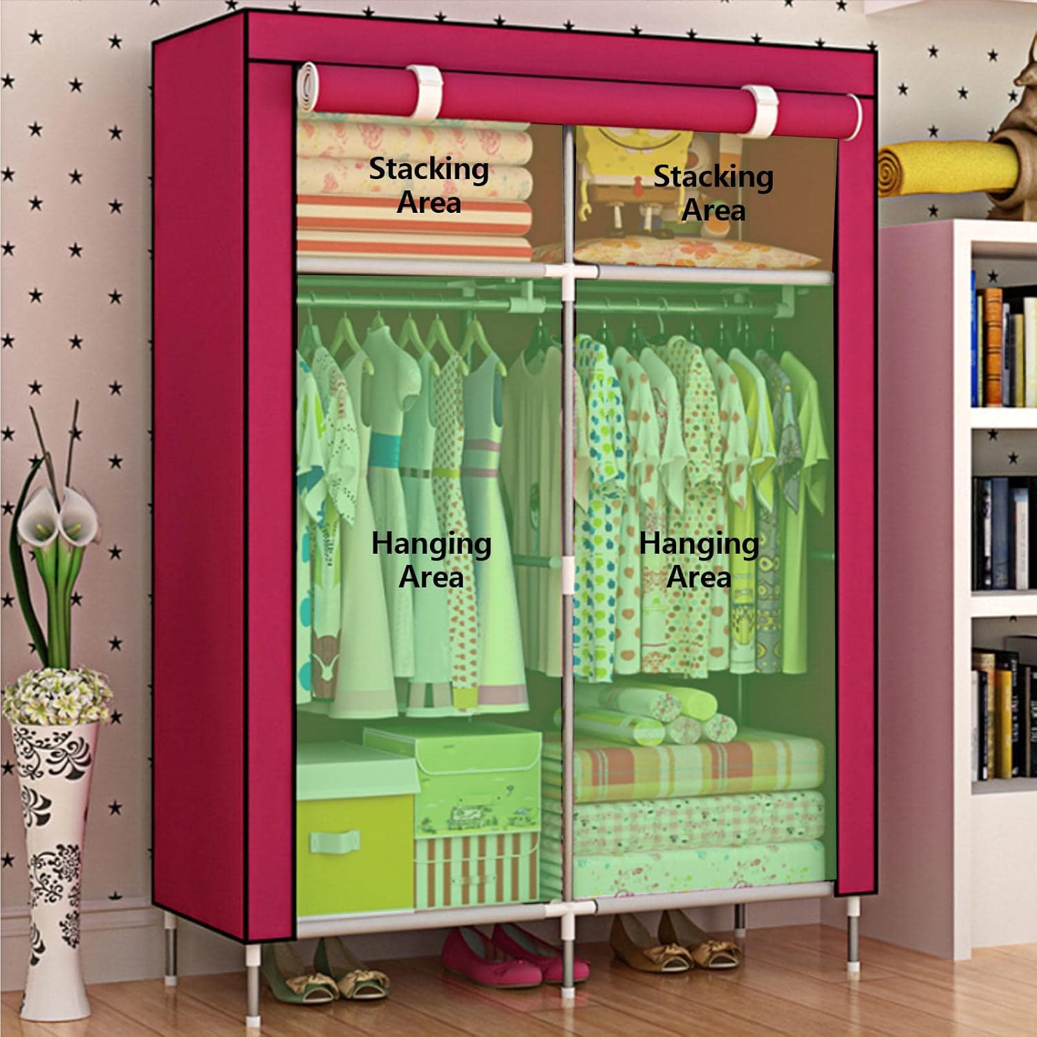 Wardrobe Portable Canvas Wardrobes with Hanging Rail, Shelves, Clothes Closet Storage Organizer for Bedroom, Living Room,Brown-90x46x168cm