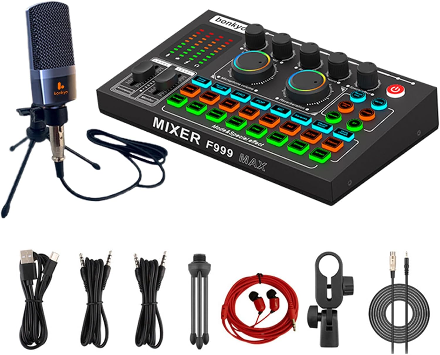 F999MAX Podcast Equipment Bundle, M997 XLR Mic with Tripod Stand, Metal Body & Indicator Panel, Noise Reduction & Voice Changer, Professional Audio Mixer for Live/Gaming/Podcasting