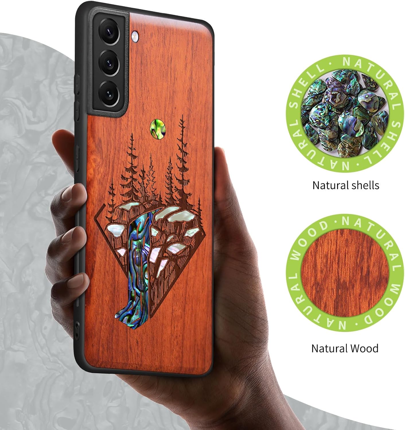 Carveit Designer Wooden Cover for Samsung Galaxy S22 Plus Case [Wood Engraving & Shell Inlay] Compatible with Wireless Chargers Galaxy S22 Plus (Waterfall-Rosy)