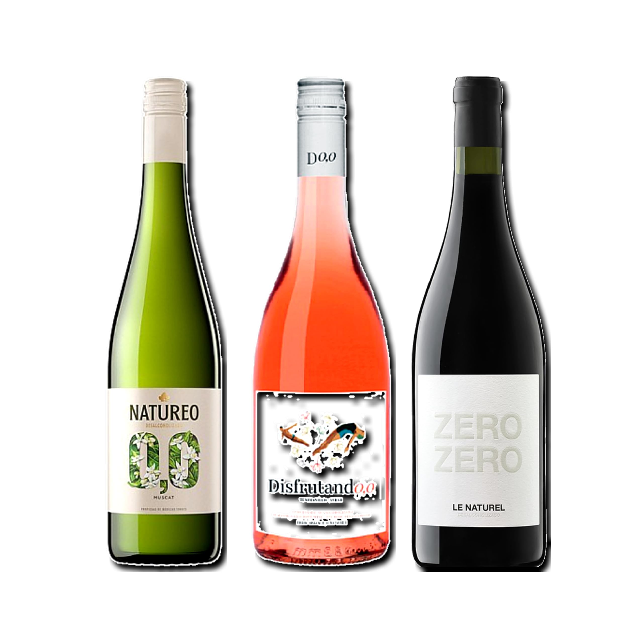 vino sin alcohol 0,0 Natureo Blanco Muscat, Disfrutando 0,0 Rosado y Le Naturel Zero Zero Tinto pack de 3 botellas 75cl