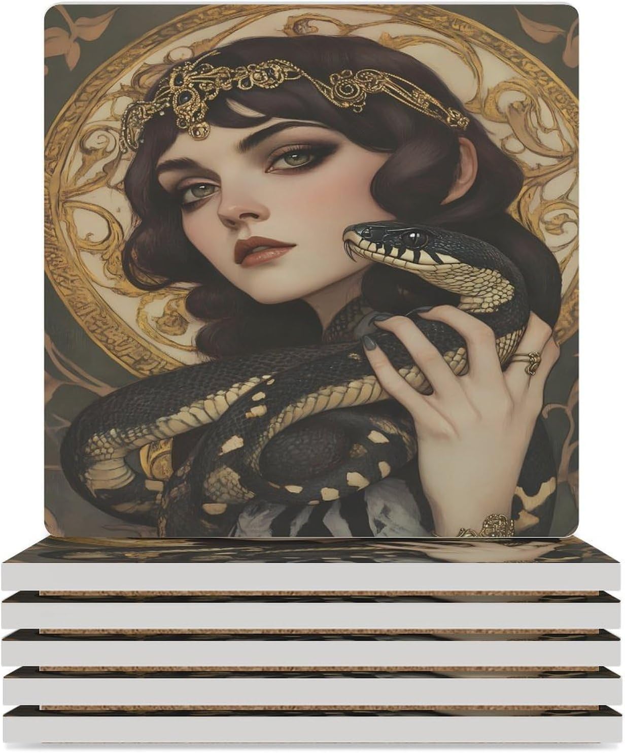 Serpent-Goddesses-Snake Ceramic Coasters Square Drinks Coaster Coffee Table Decor Table Coaster for Home Bar