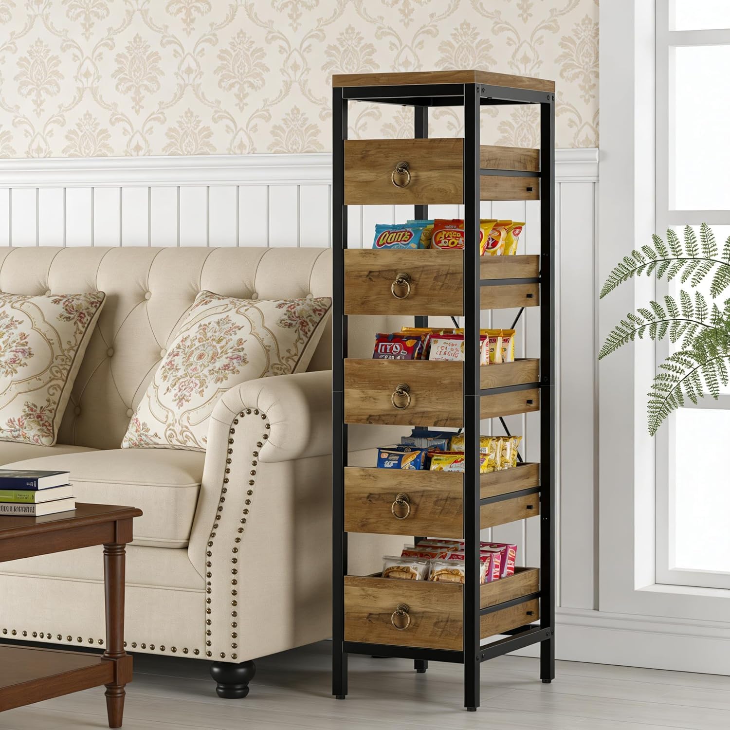Bibliotheque Meuble de Rangement en bois,Étagère de Rangement Cuisine avec 5 tiroirs,Organisateur de Rangement en Cadre métallique pour cuisine,salon,salle de bain,Bureau(114X40X30cm,Naturel)