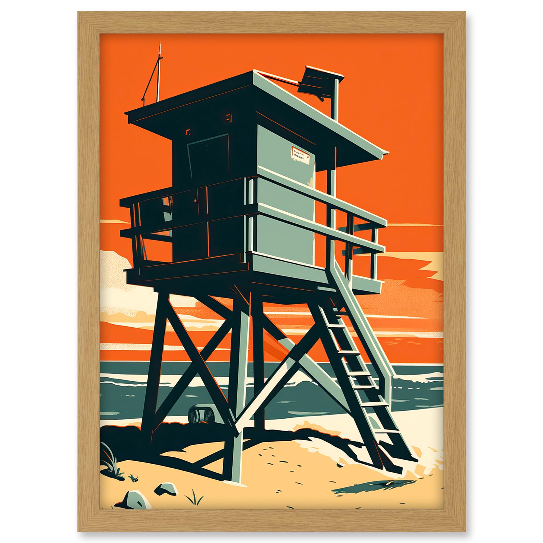 Artery8 Lifeguard Tower Seascape Pastel Colour Orange Teal Blue Beach Bathroom Artwork Framed A3 Wall Art Print