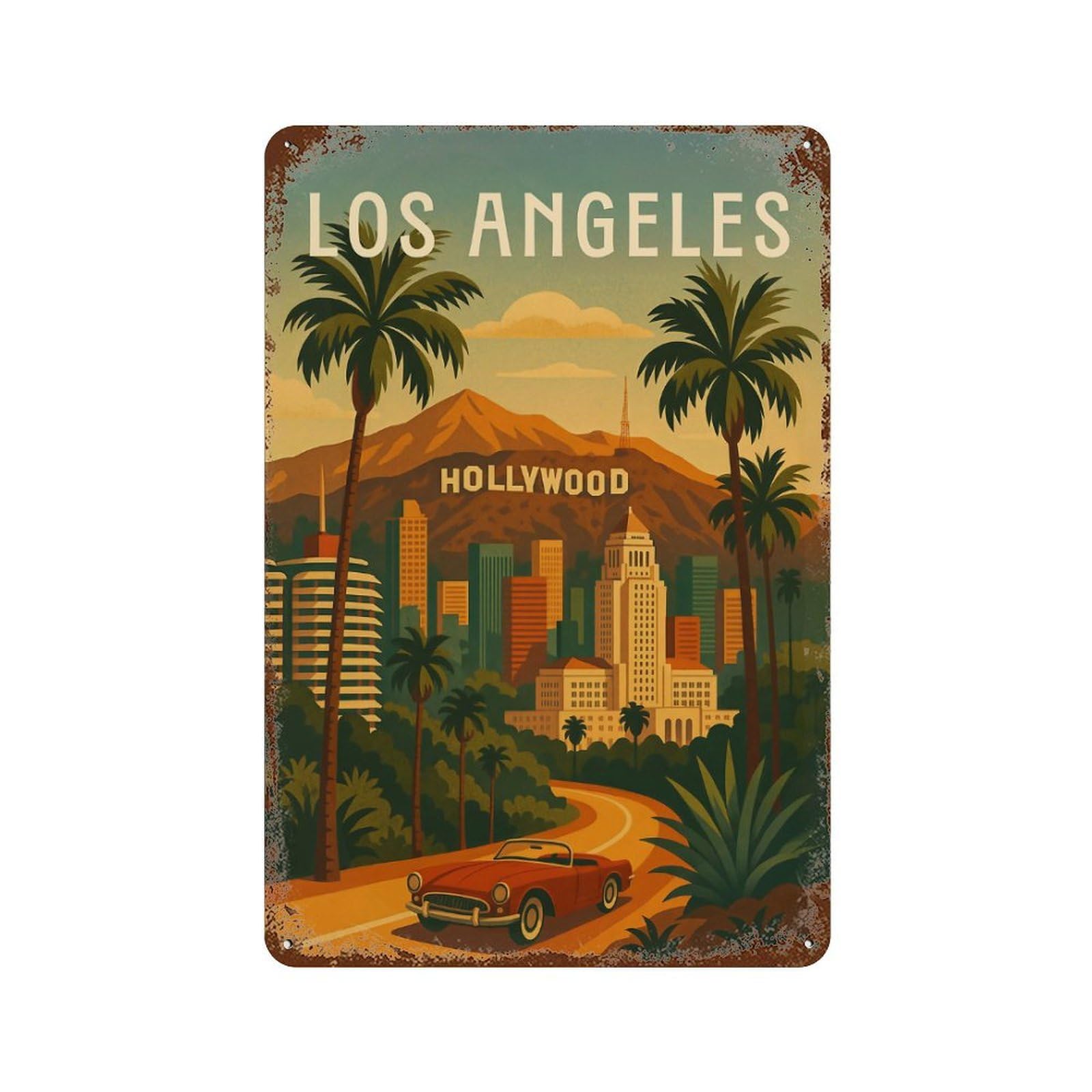 Los Angeles Travel Poster – Hollywood Hills & Sunset Skies Weathered Tin Sign 11.8"x7.9", Classic Wall Plaque for Garage, Bar And Workshop Decor