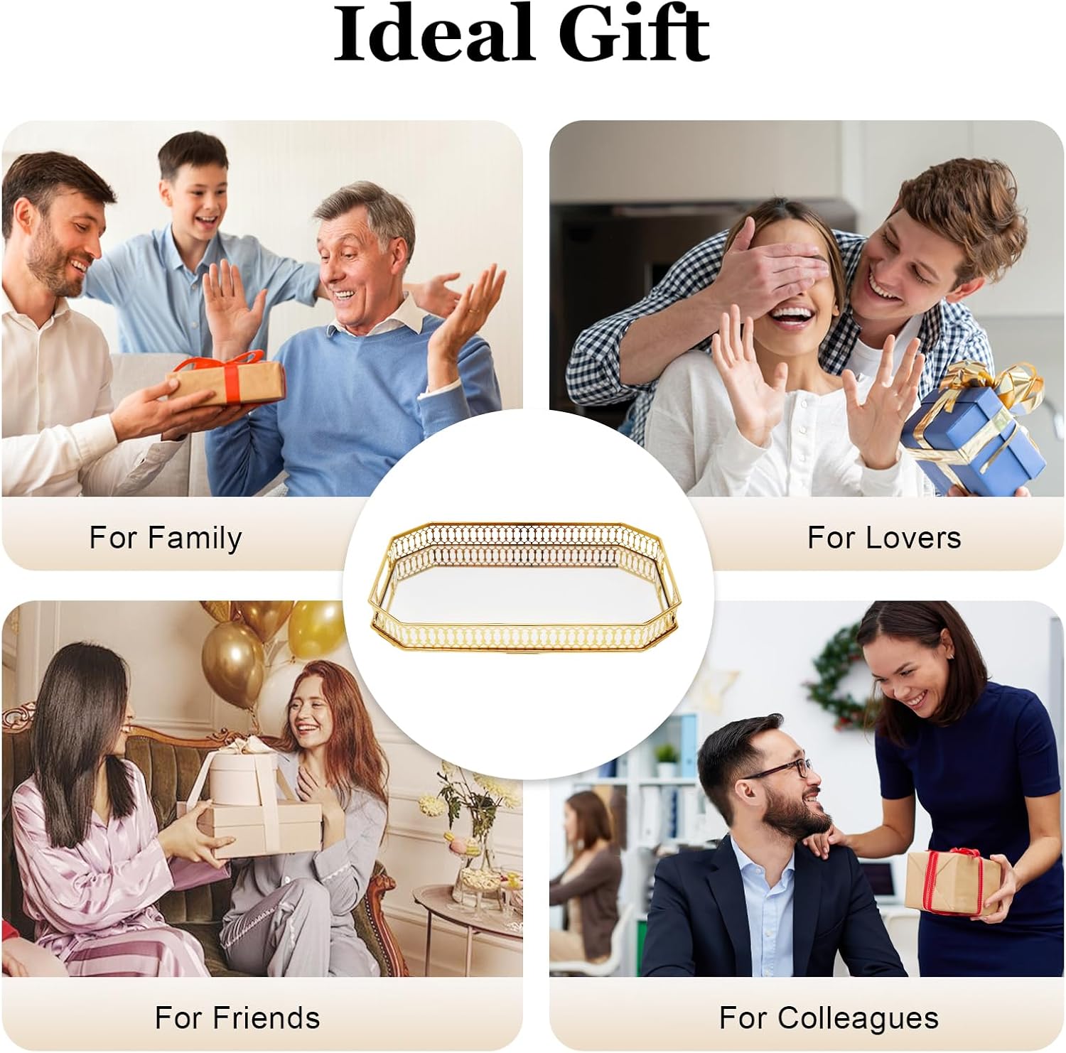 Gold Mirror Glass Vanity Tray Rectangular Makeup Perfume Holder Decorative Jewelry Tray Organizer for Bathroom Storage Home Decor 13.8" x 9.8" x 1.97"