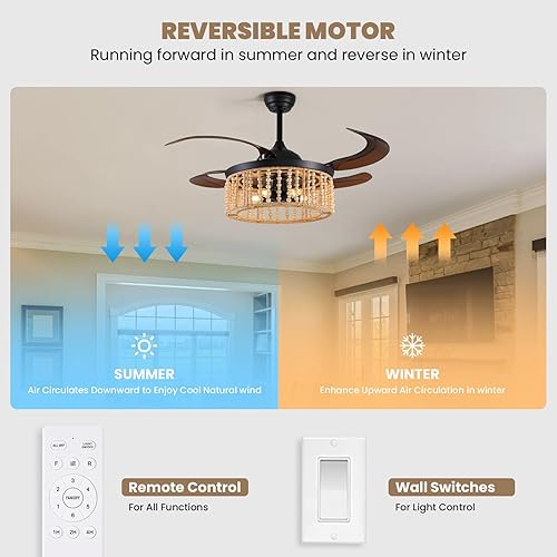 Miniatura 5 de Ventilador de techo retráctil de 48 pulgadas con luces y control remoto, ventilador de araña reversible bohemio con cuentas de madera, ventilador de