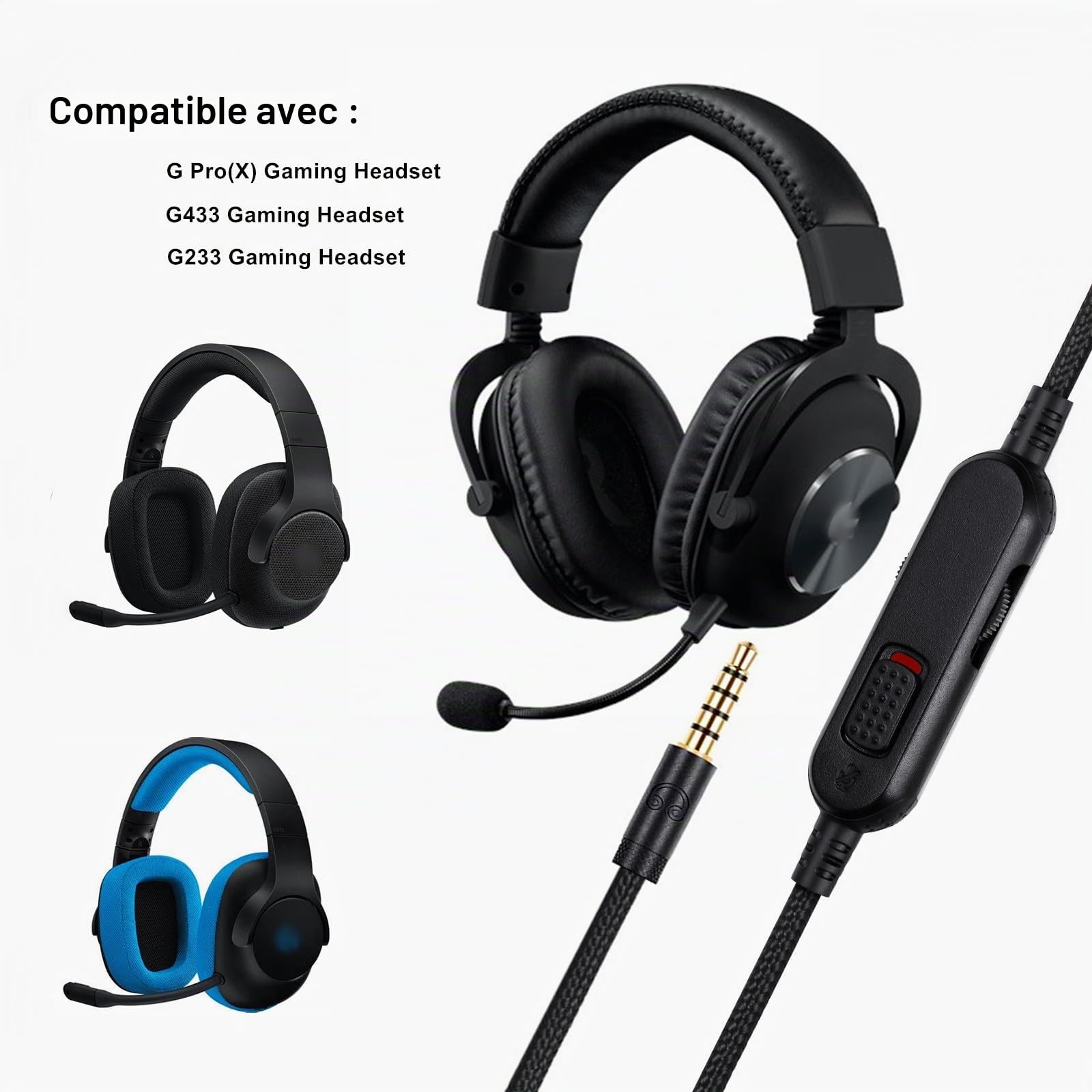 G Pro X Cord, câble de rechange amovible pour casque de jeu Logitech G Pro/G433/G233, fil en nylon tressé de 3,5 mm avec interrupteur muet en ligne et contrôleur de volume, 1,8 m de long