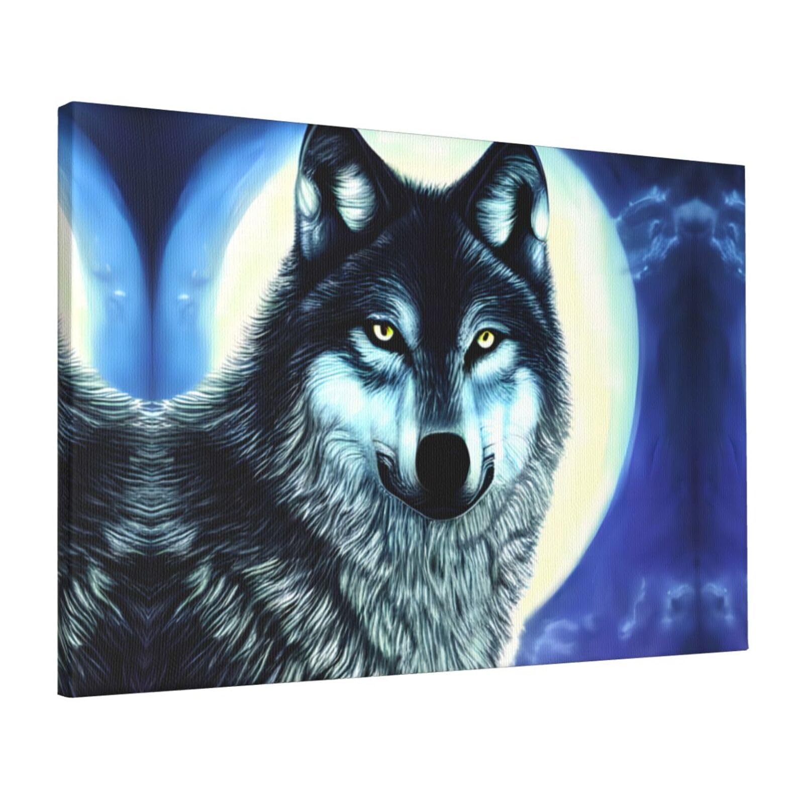 CNTDBU wolf under moon Canvas Wall Art 16x24 Inch-Large Modern Painting Print for Living Room, Framed Ready to Hang Artwork for Bedroom