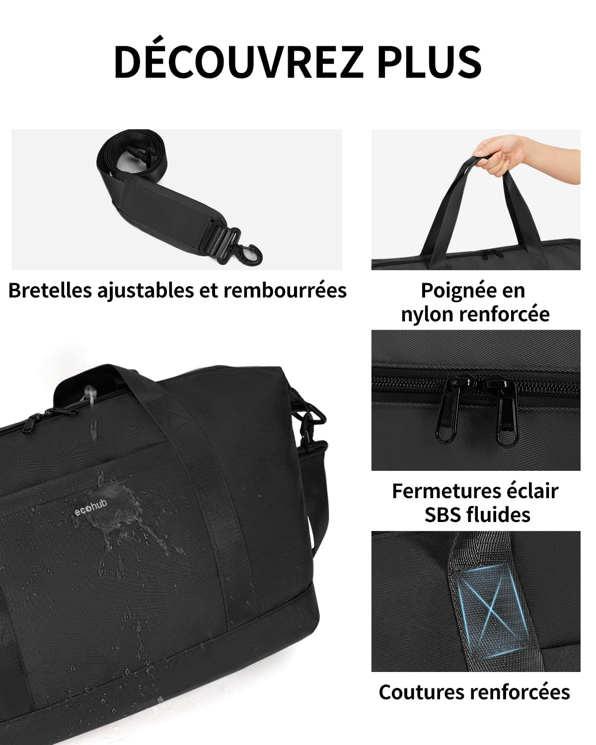 ECOHUB Sac de Voyage 40x30x20 Ryanair, Pliable Bagage Cabine, Léger Sac à Main, Weekend avec Pochette Humide Amovible pour Homme Femme, Sac Cabine Avion Imperméable Bagage a Main 20L (Noir)