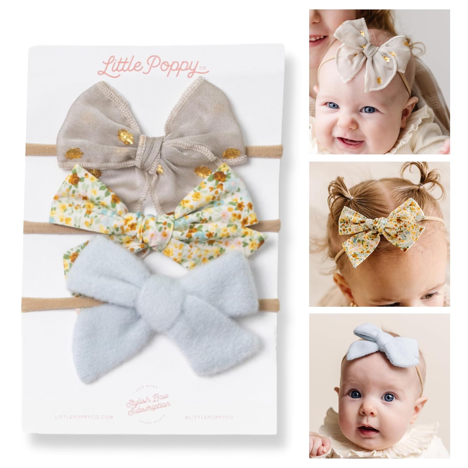 Little Poppy Co. Three Hair Bows Set - Stylish Handmade Accessories for Newborns,Babies and Toddlers | Premium Quality Headbands (Elizabeth Set, Original on Nylon Headband (3 months - 3 years))