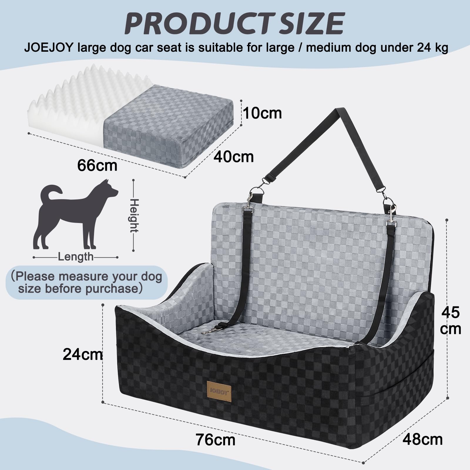 JOEJOY Large Dog Car Seat, Memory Foam Dog Booster Seat with Thick Cushion, Washable Pet Booster Seat for Medium Dogs, Pet Car Seat with Detachable Cover and Storage Pockets, Adjustable Straps — view 5