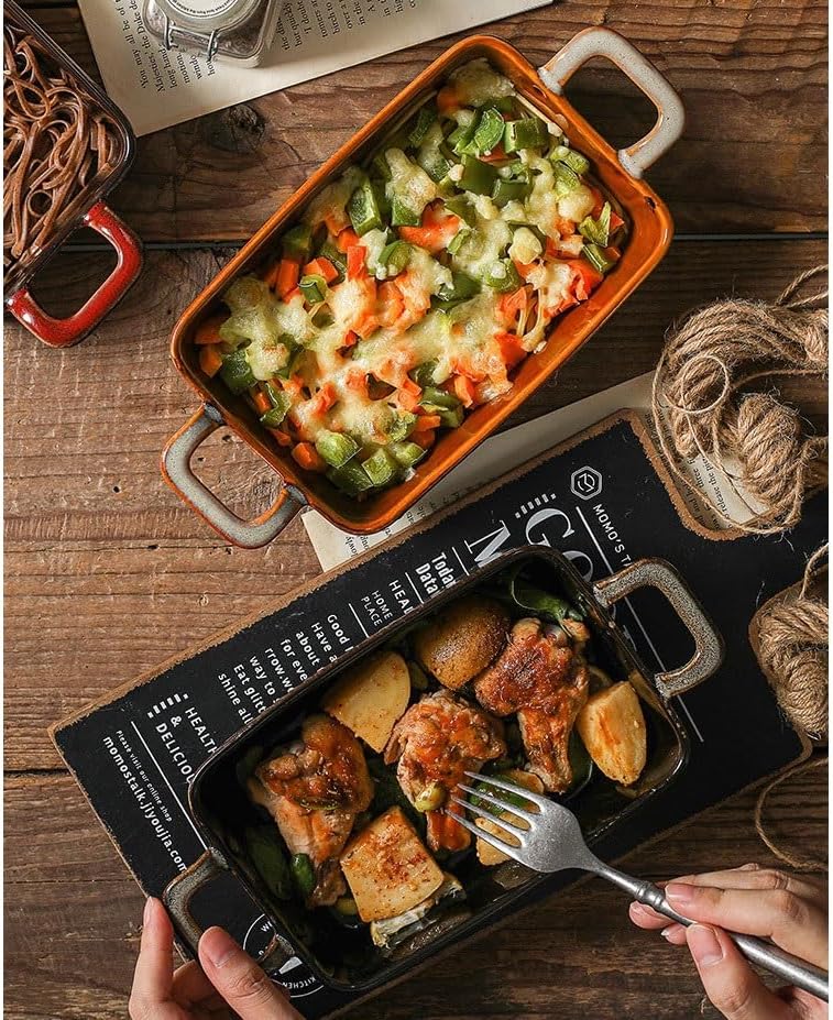 Lasagna Pans 600ML Ceramic Double Ear Baking Pan Vintage Kiln Change Restaurant Household Vegetable Plate Baking Cheese Baking Rice Plate Lasagne Dish(Gris)