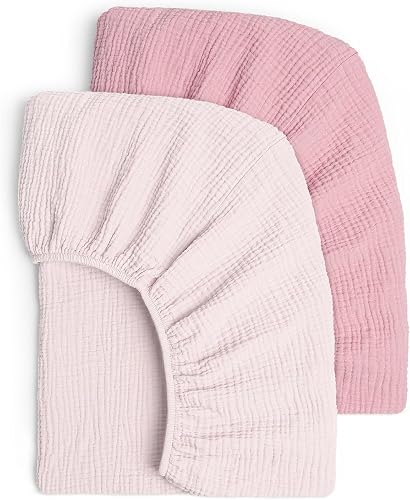 lulumoon Mini Crib Sheets 2-Pack: Soft Muslin Cotton Pack and Play Sheets for Playard Mattress - Nursery & Baby Shower
