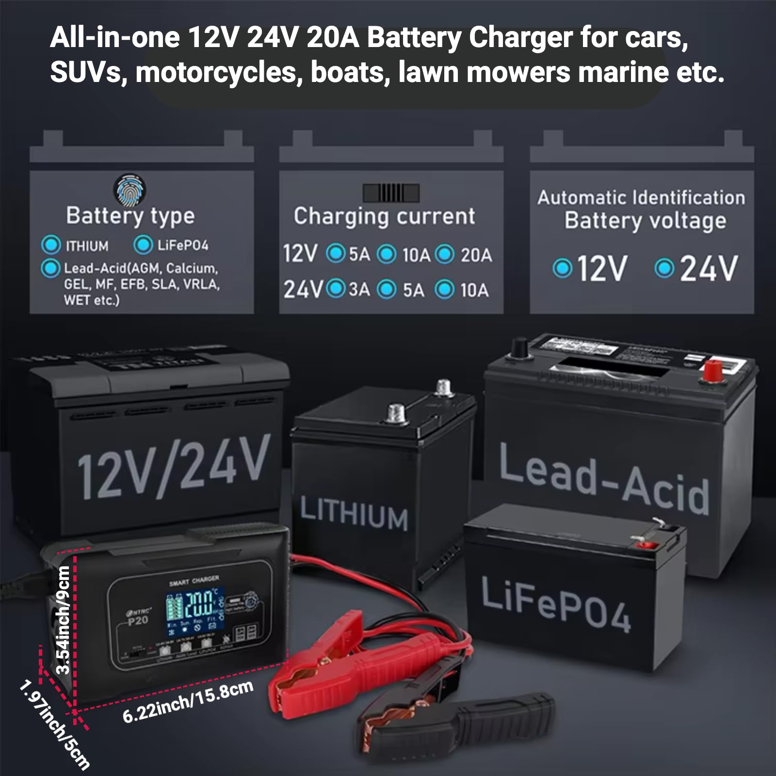 Cargador y mantenedor de batería inteligente de 12V/24V y 20 A con reparación por pulsos Cargador de 4 modos LiFePO4/AGM/Plomo-Ácido para coches,motos,vehículos marinos y cortacéspedes,invierno/verano