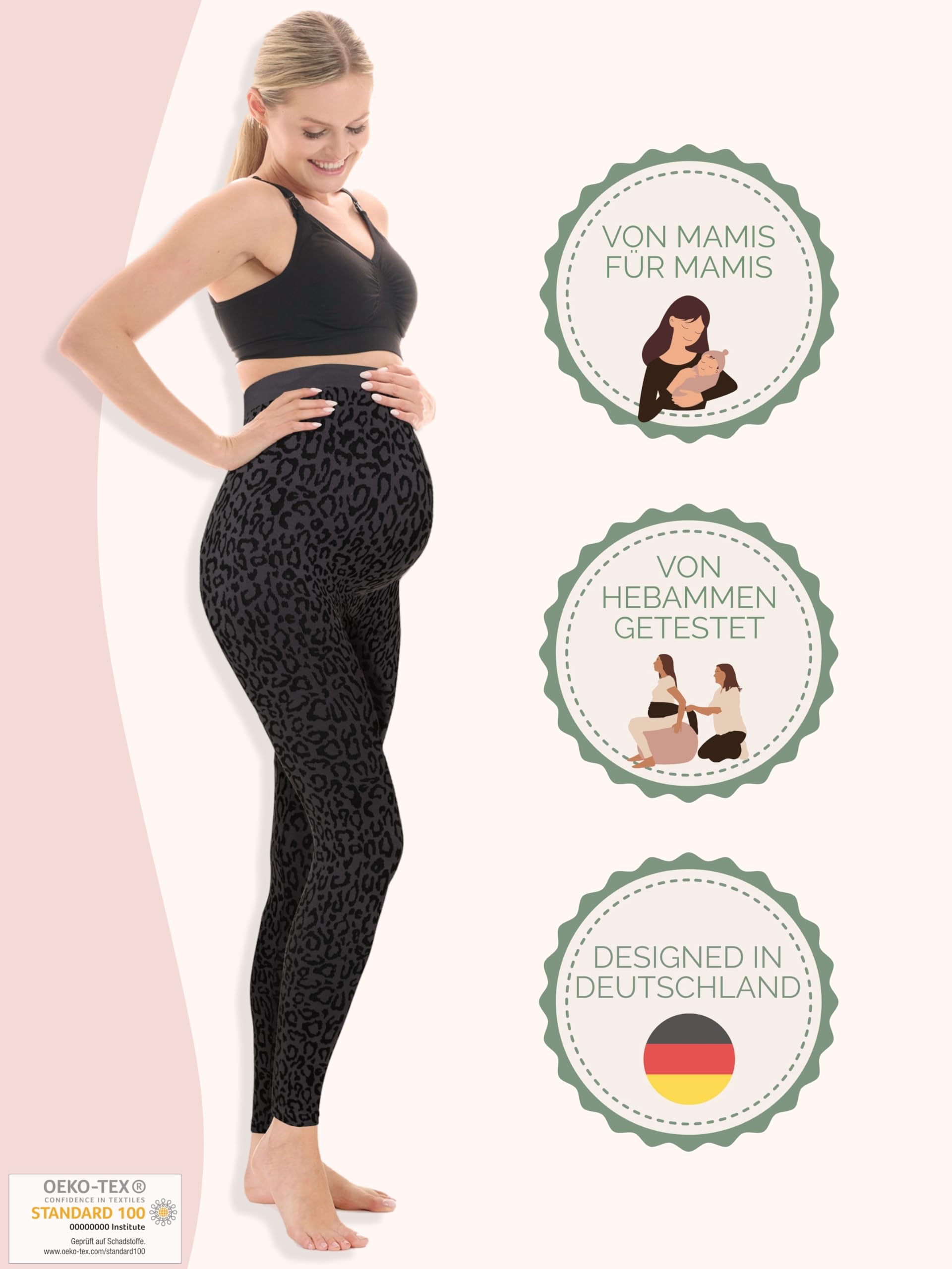 Herzmutter Umstandsleggings Leo Print - OekoTex 100 - Blickdicht - Schwangerschaftsleggings mit Muster - Leopard - High Waist - 1950