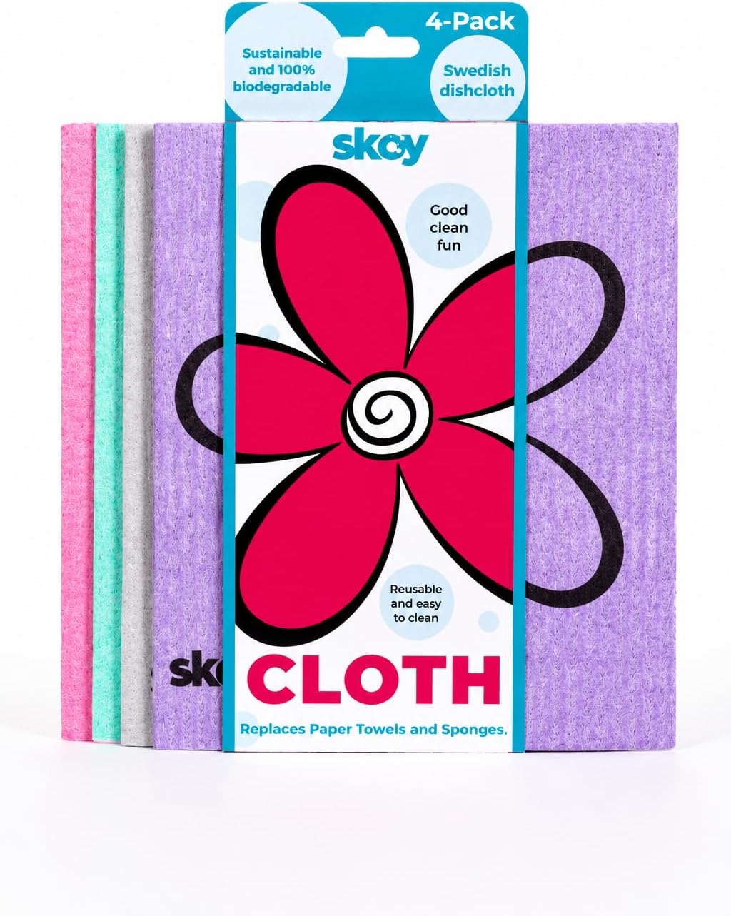 Skoy Cloth, 4-pack Versatile Swedish Dishcloths for Kitchen and Household Use, Reusable Cleaning Cloths, Planet-Friendly, Dishwasher and Dryer-Safe, Assorted Colors