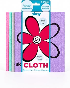 Skoy Cloth, 4-pack Versatile Swedish Dishcloths for Kitchen and Household Use, Reusable Cleaning Cloths, Planet-Friendly, Dishwasher and Dryer-Safe, Assorted Colors