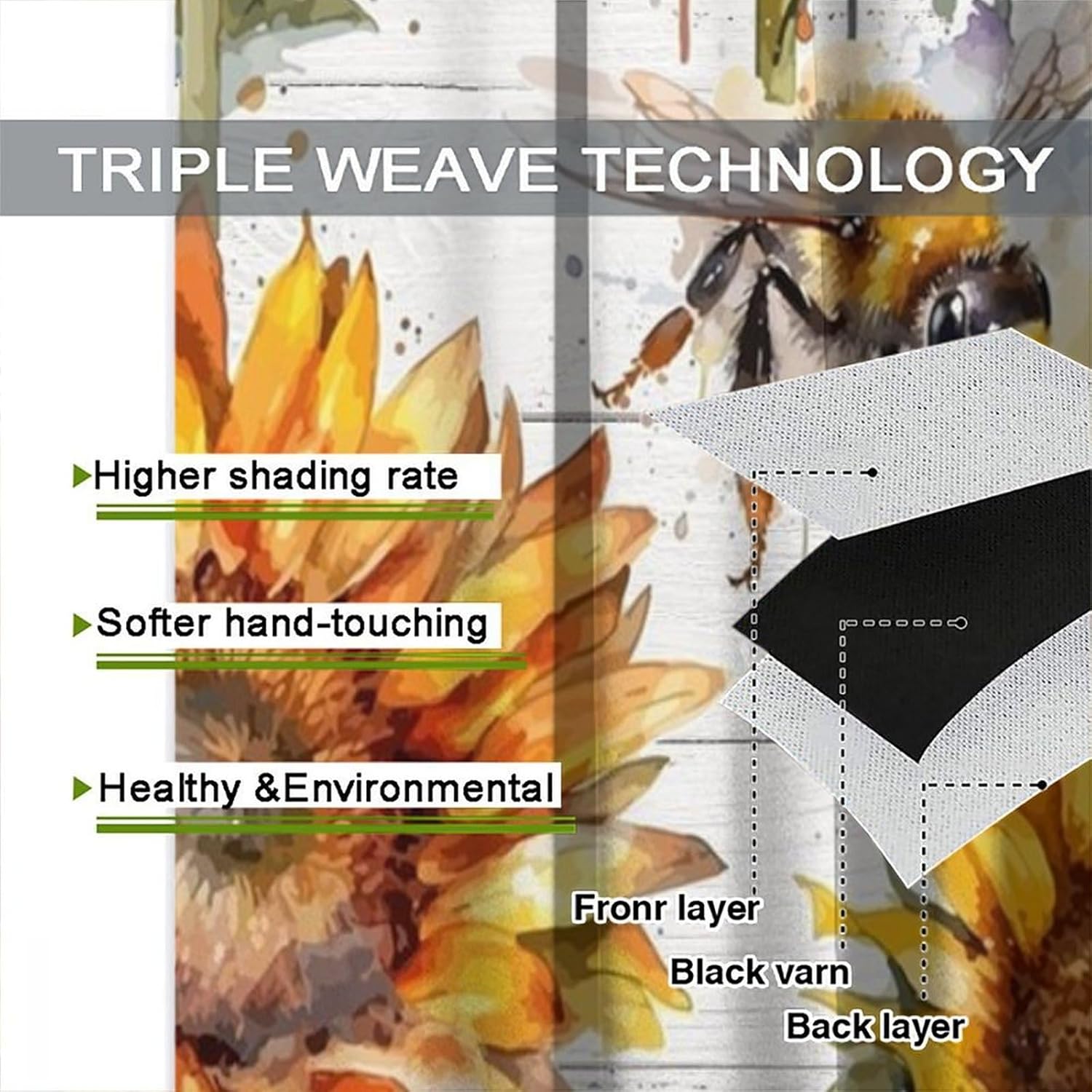 Bee Sunflower Curtains Rural Farmhouse Wood Board Flower Art Printed Blackout Window Drapes for Bedroom Kitchen Decor Fabric Set 2 Panel 42x45 Inch 80% Shading Rate
