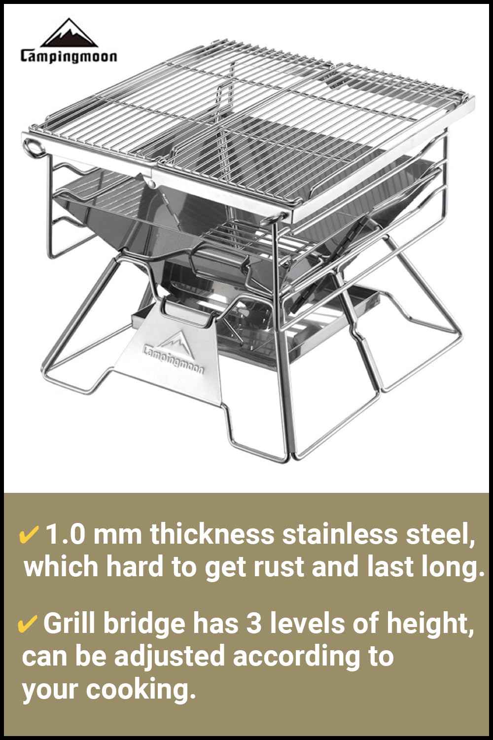 CAMPINGMOON - Barbecue a carbonella pieghevole e pieghevole, in acciaio inox, MT-19 (carbone di avviamento MT-19