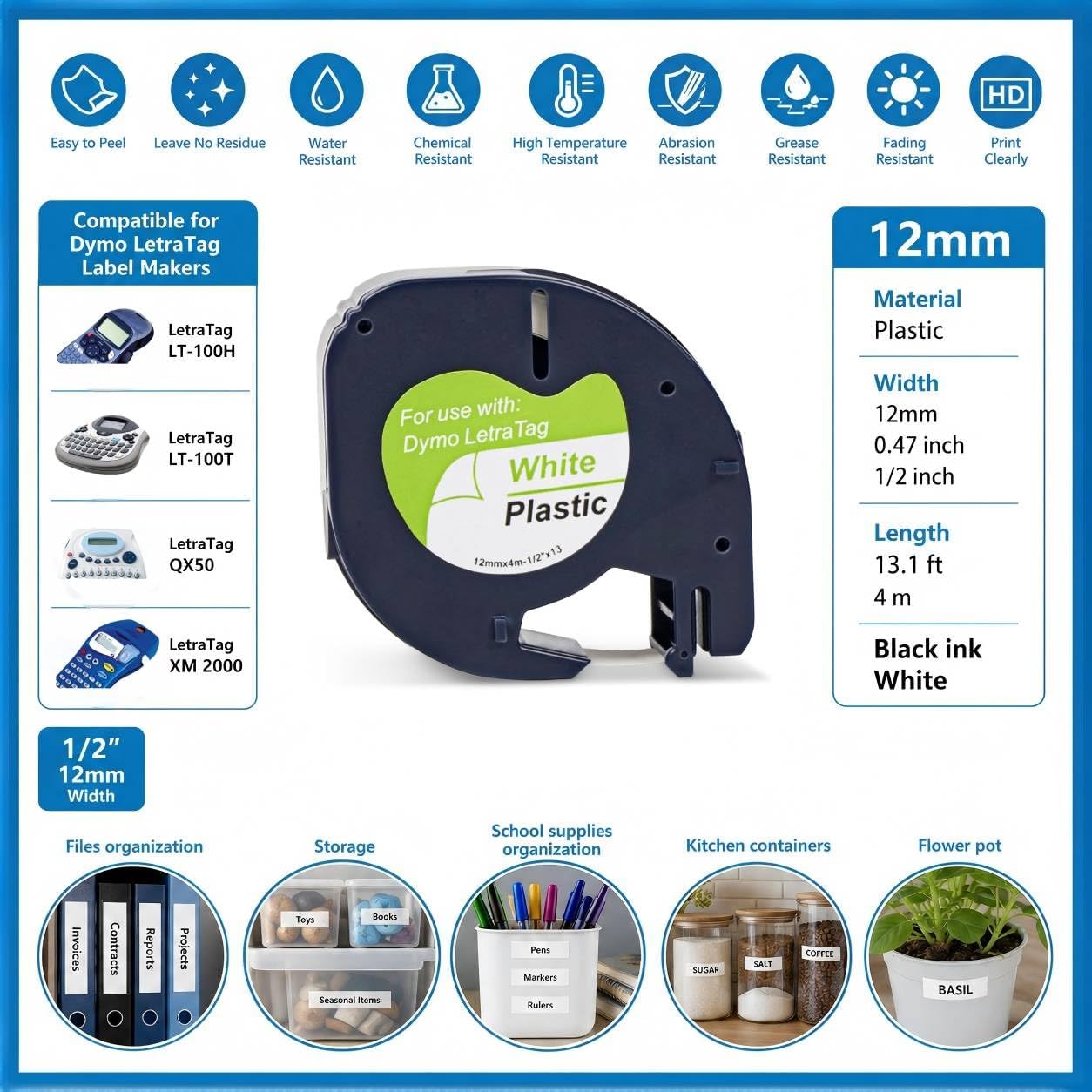 Compatible with Dymo LetraTag Label Tape Refills 91201/91221/S0721610/S0721660/91331 White Plastic Label Maker Tape Replacement for LT-100H LT-100T QX50 XR XM 2000, 1/2inch*13ft, 12mm x 4m, 1 Pack
