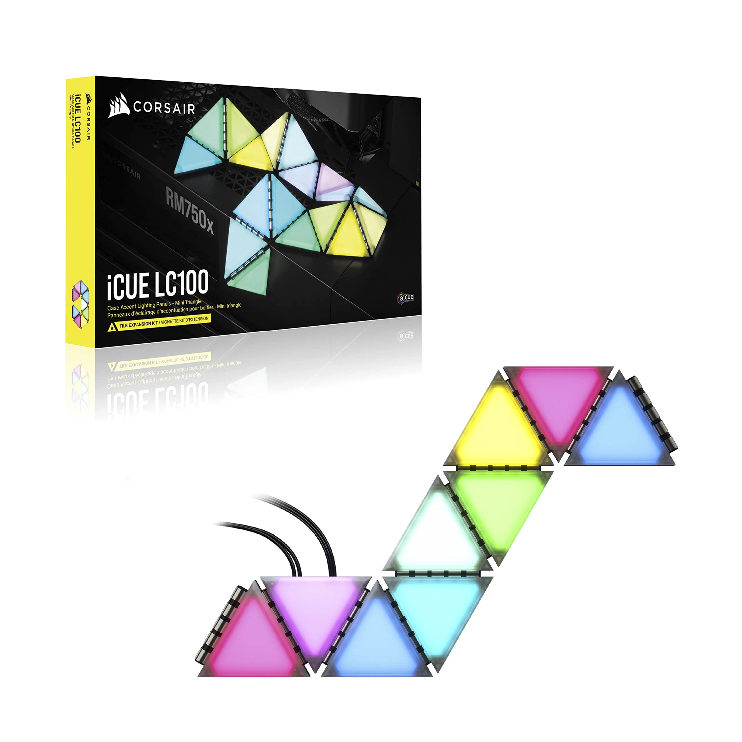 Corsair iCUE LC100 - Paneles de iluminación de Acento - Mini triángulo - Kit de expansión de Azulejos 9X (81 LED RGB con difusión de luz, fijación magnética Simple) Transparente