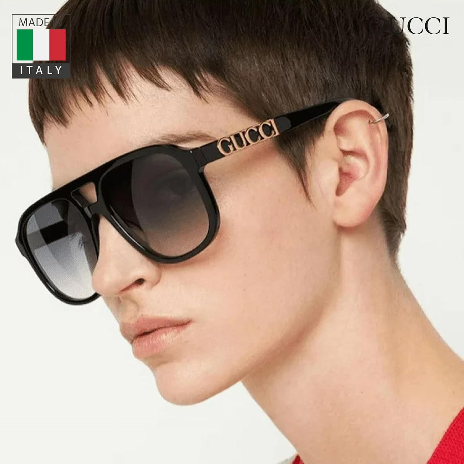 Gucci GG1188S Script Logo Pilot-Shaped Non-Polarized Sunglasses for Men & Women – Includes Luxury Eyewear Kit – Black Frame with Grey Lens